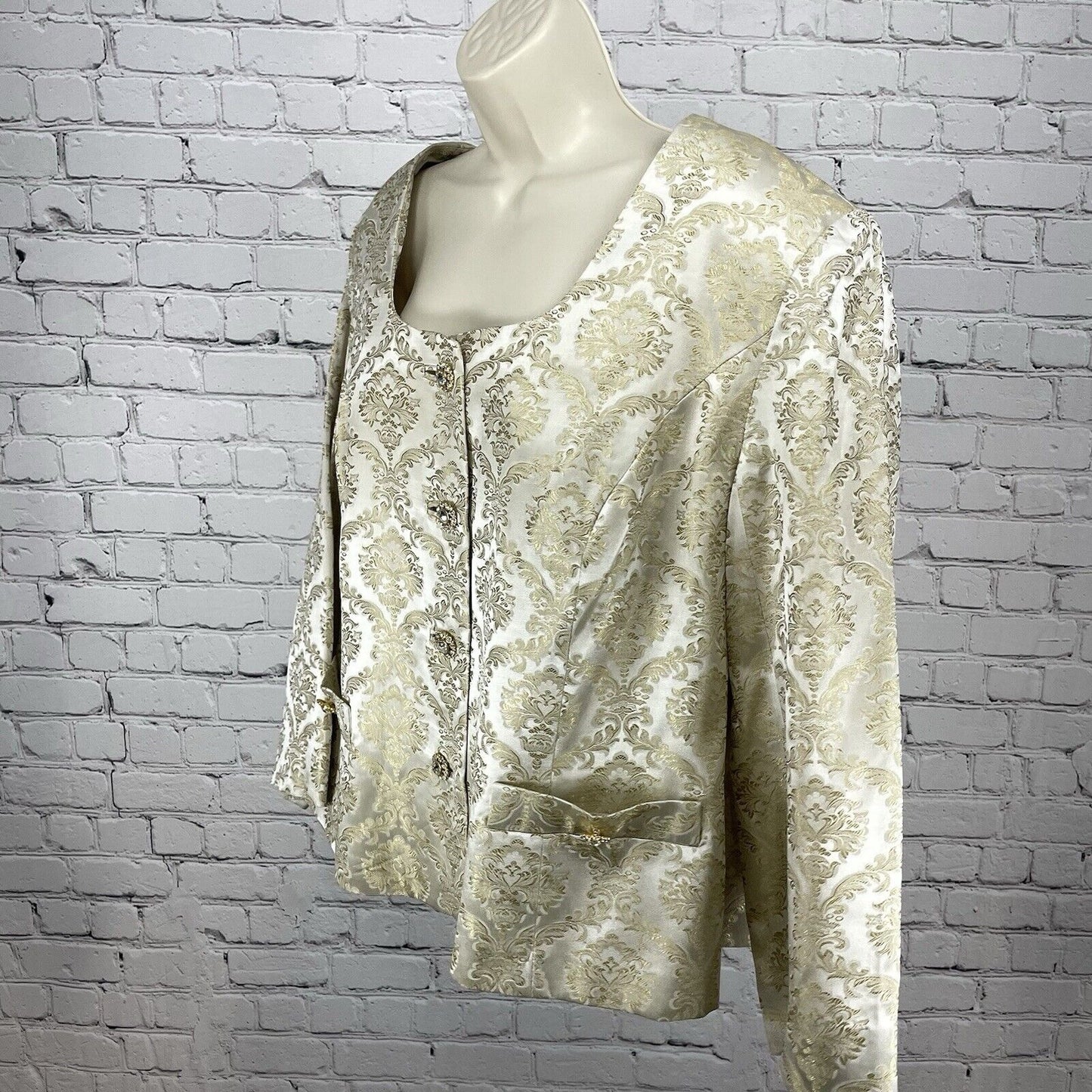 VTG Blacktie Oleg Cassini Ivory Gold Damask Blazer Jacket USA Made Plus Size 20W