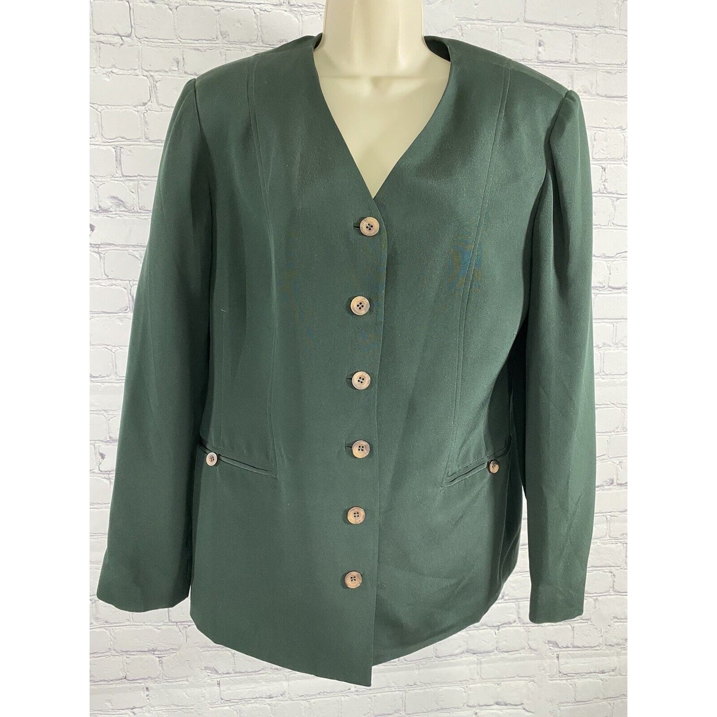 Due Per Due 100% Silk Forest Green Button Up Blazer Jacket Shoulder Pads Size 10