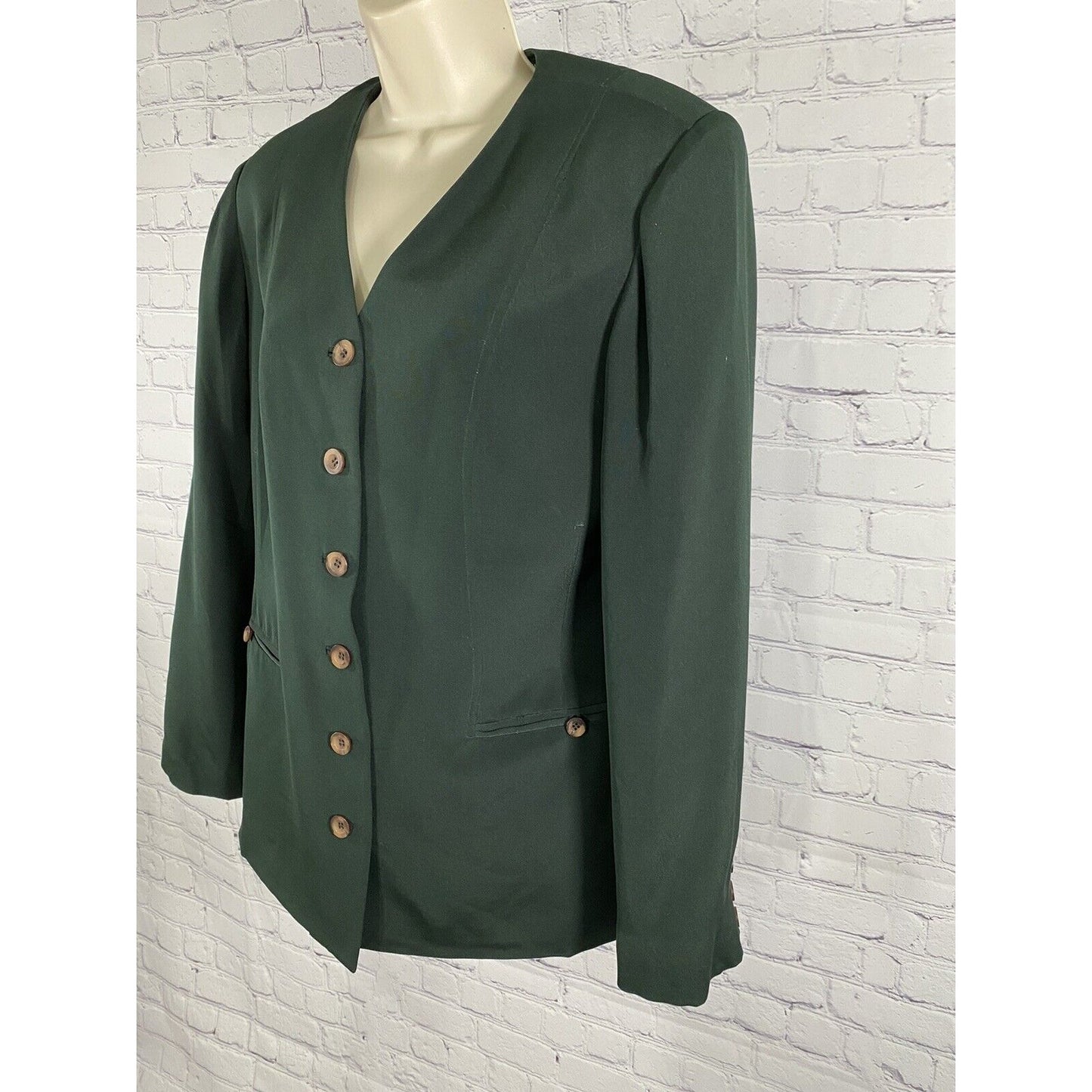 Due Per Due 100% Silk Forest Green Button Up Blazer Jacket Shoulder Pads Size 10