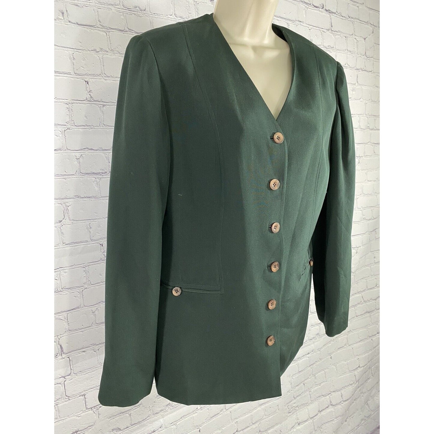 Due Per Due 100% Silk Forest Green Button Up Blazer Jacket Shoulder Pads Size 10