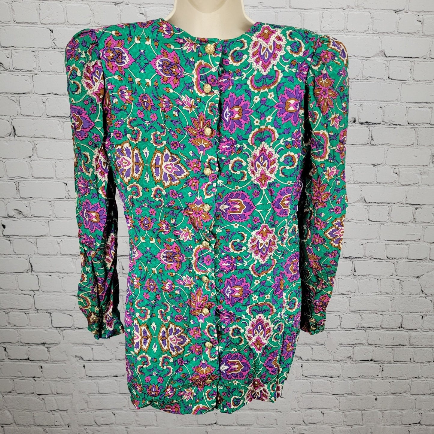 NWT VTG Richard Warren Green 100% Silk Floral Gold Button Long Sleeve Blouse 4