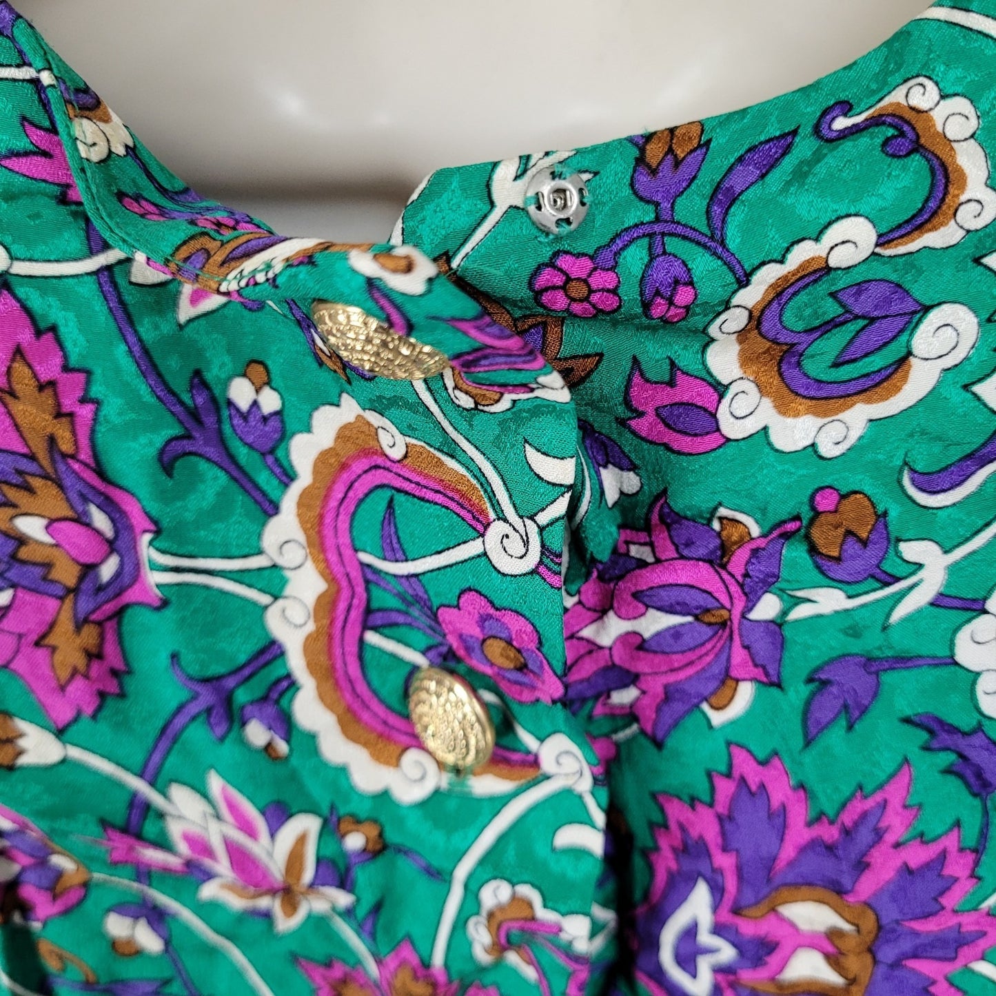 NWT VTG Richard Warren Green 100% Silk Floral Gold Button Long Sleeve Blouse 4