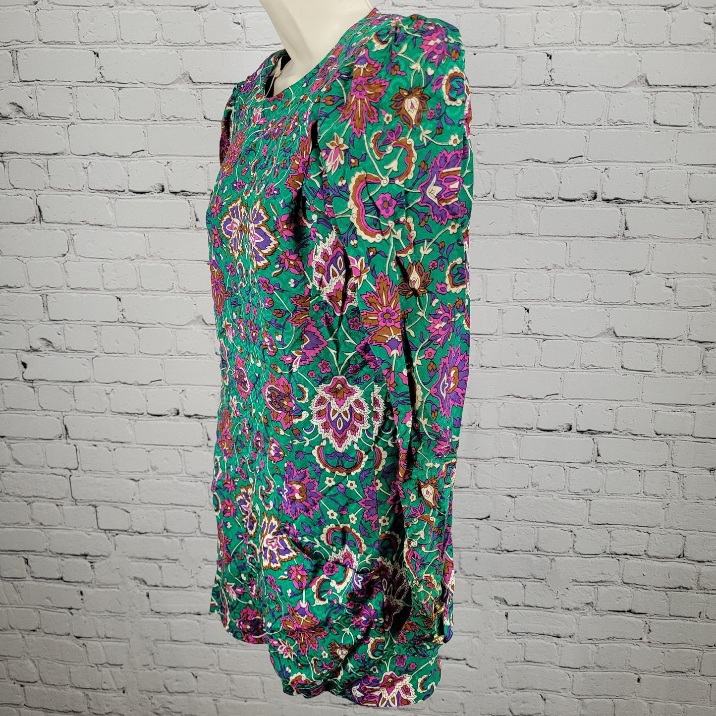 NWT VTG Richard Warren Green 100% Silk Floral Gold Button Long Sleeve Blouse 4