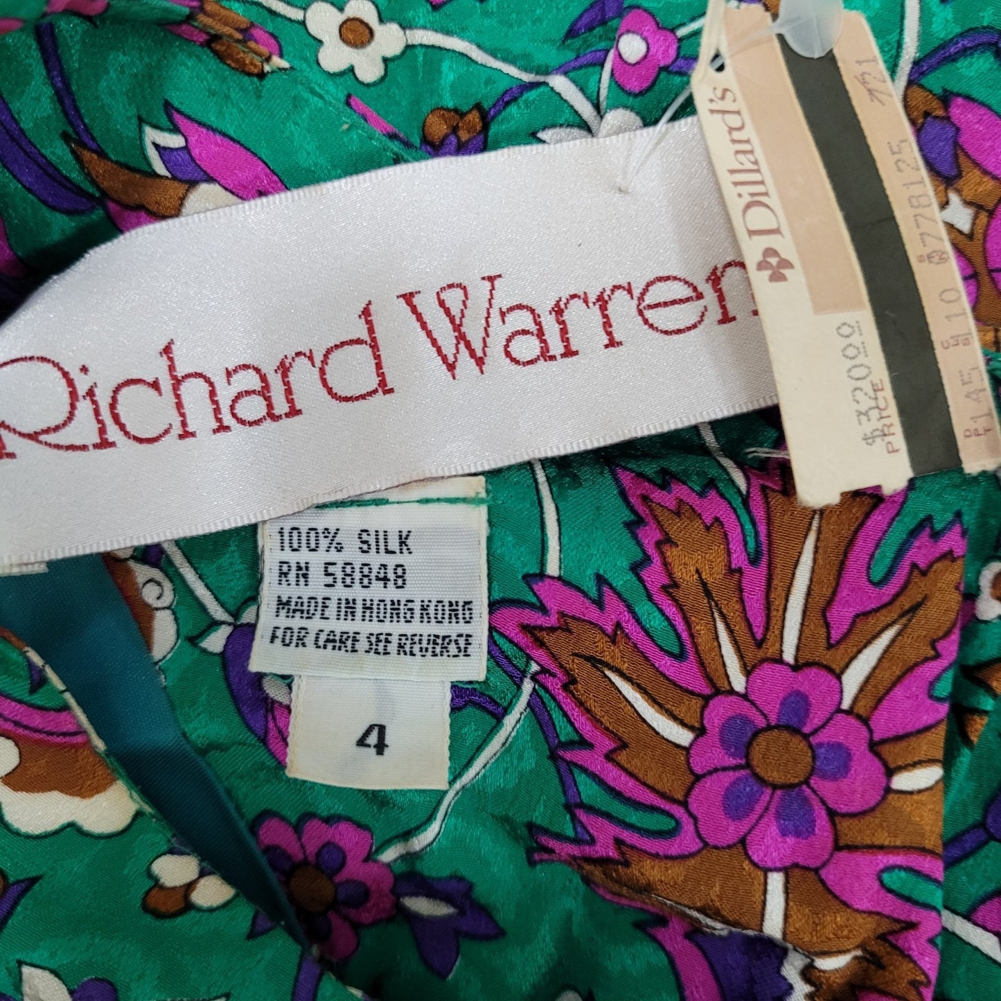 NWT VTG Richard Warren Green 100% Silk Floral Gold Button Long Sleeve Blouse 4