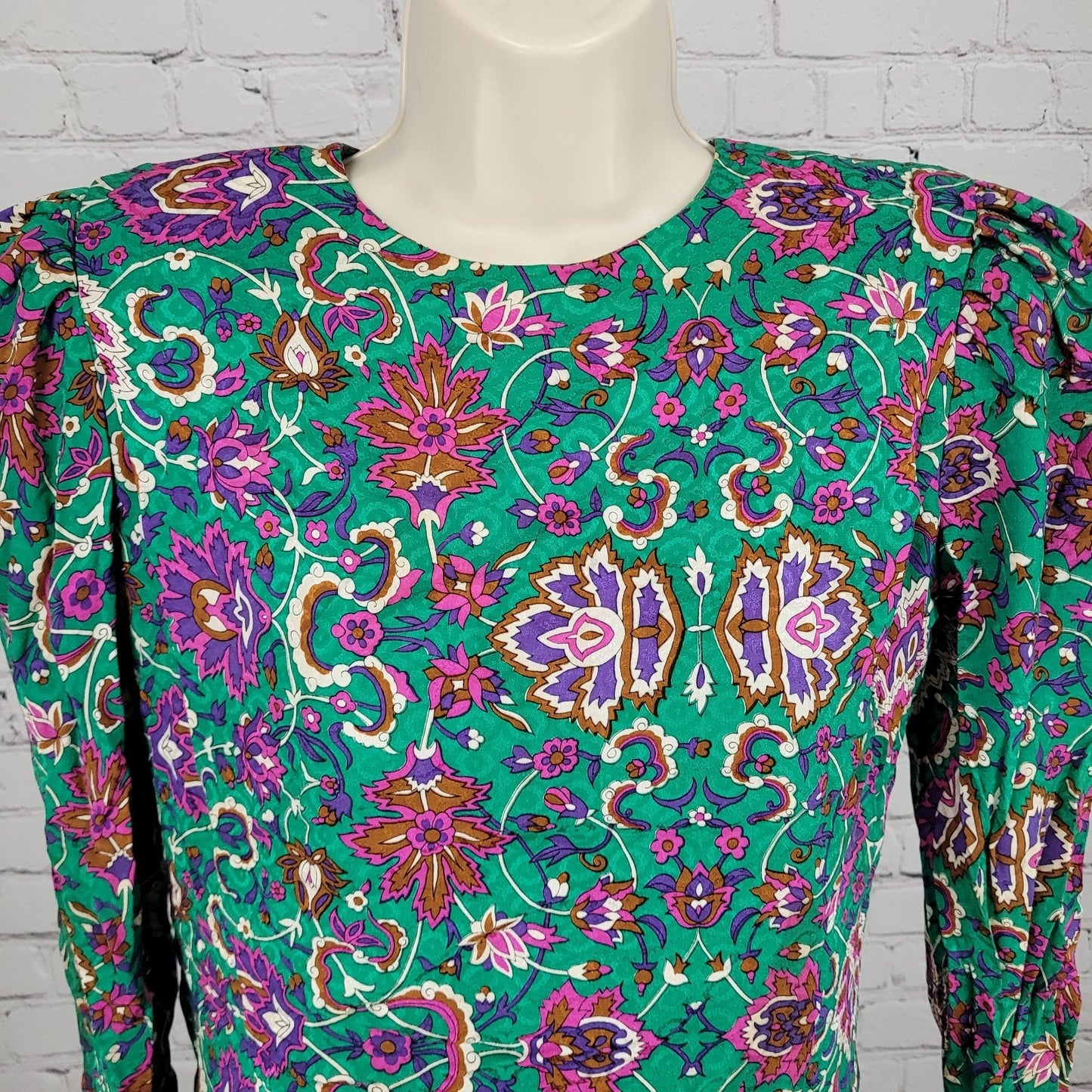 NWT VTG Richard Warren Green 100% Silk Floral Gold Button Long Sleeve Blouse 4