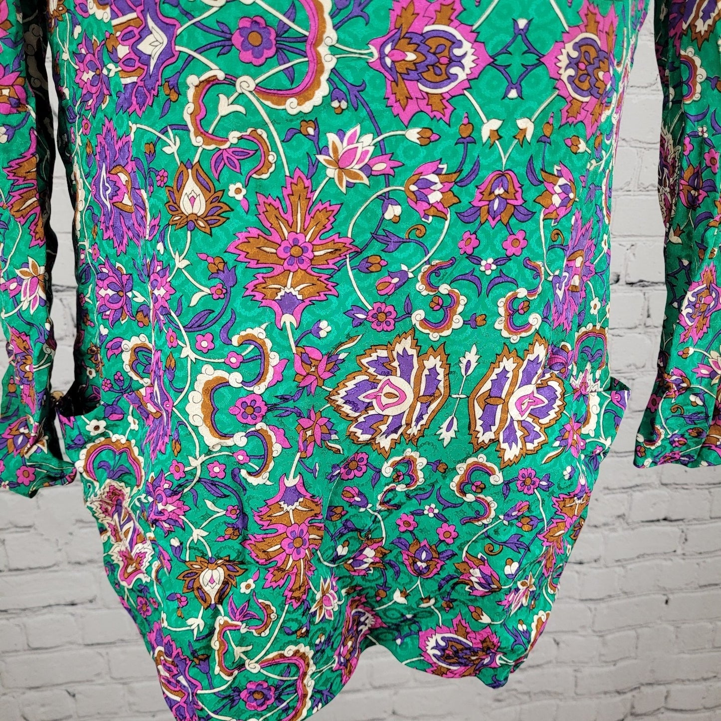 NWT VTG Richard Warren Green 100% Silk Floral Gold Button Long Sleeve Blouse 4