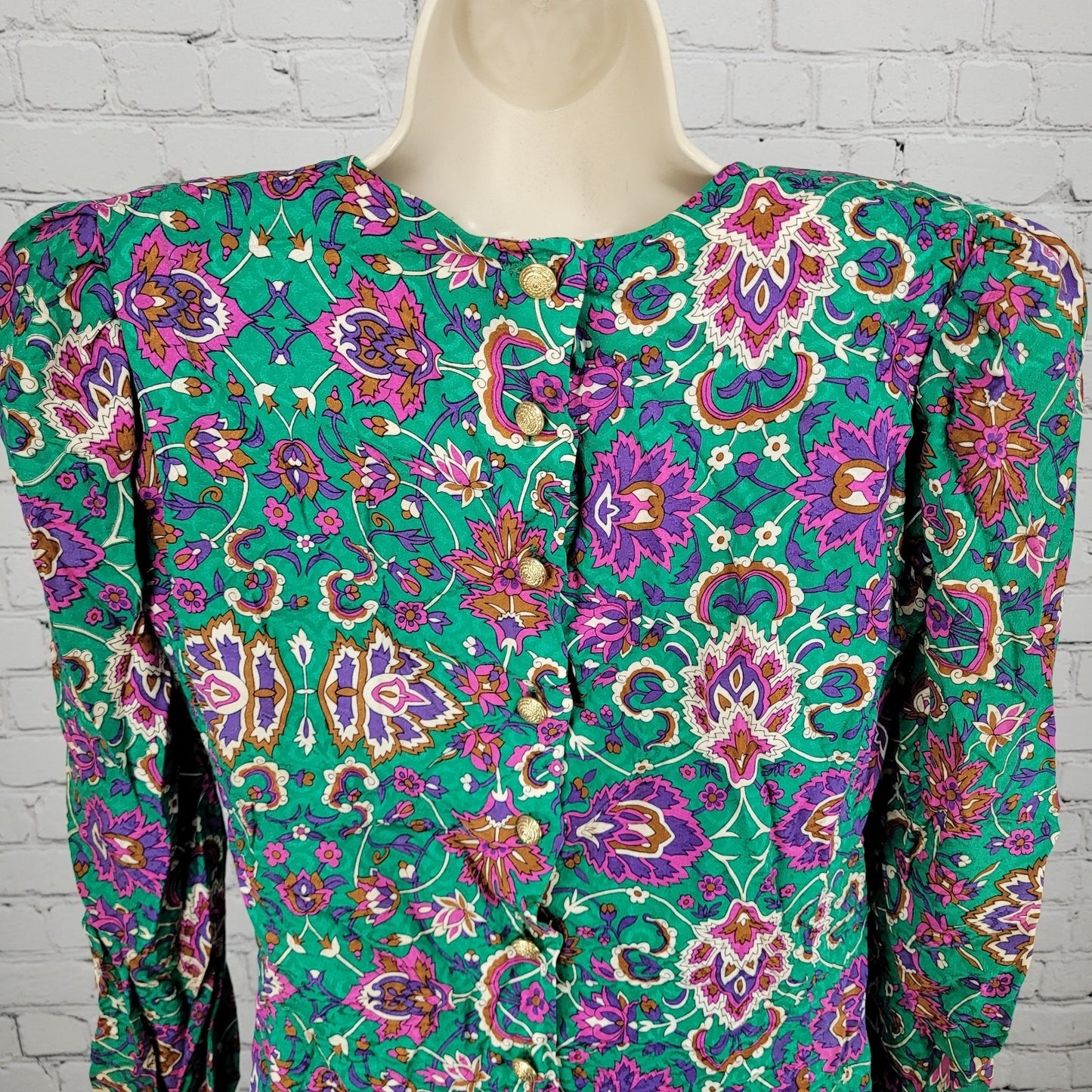 NWT VTG Richard Warren Green 100% Silk Floral Gold Button Long Sleeve Blouse 4