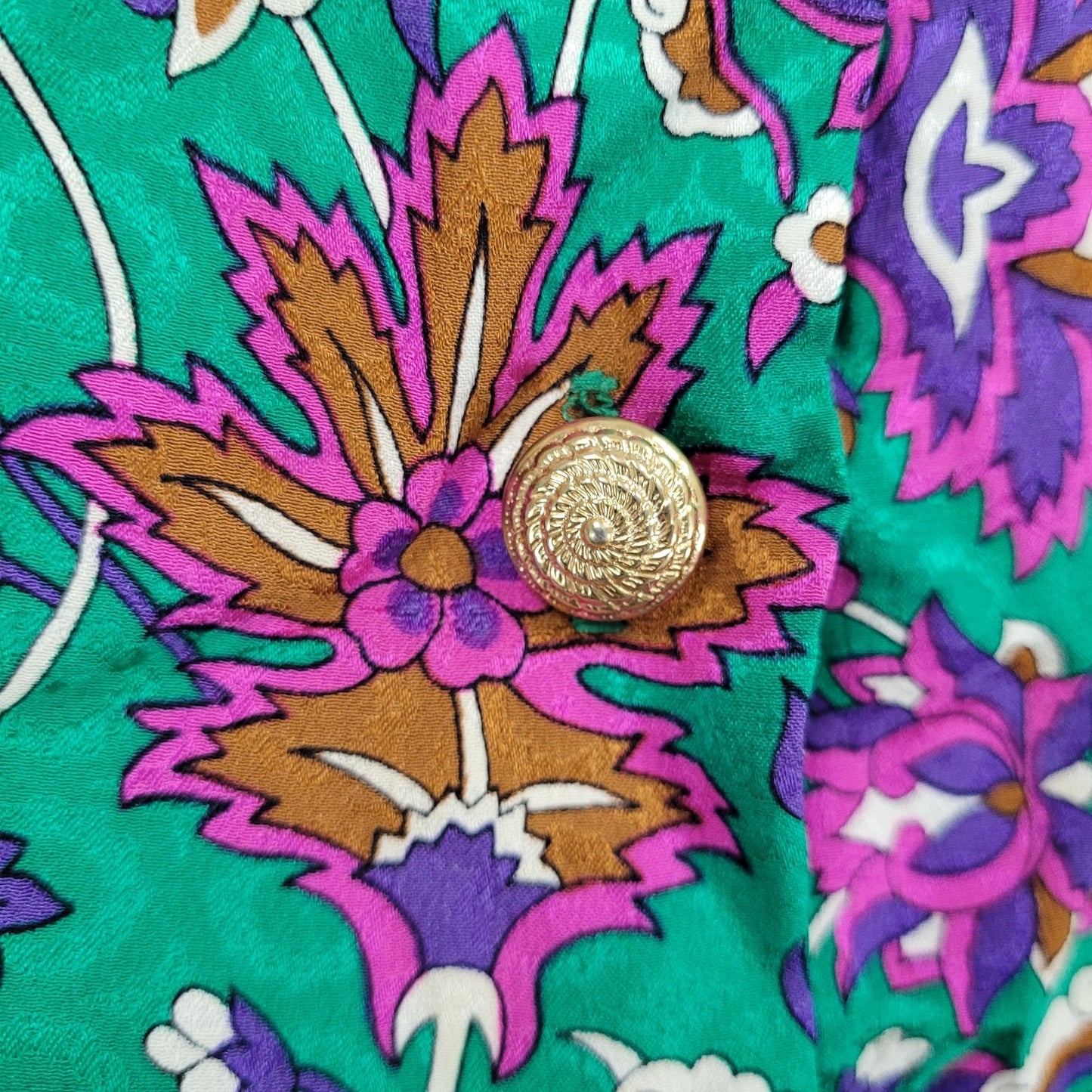 NWT VTG Richard Warren Green 100% Silk Floral Gold Button Long Sleeve Blouse 4