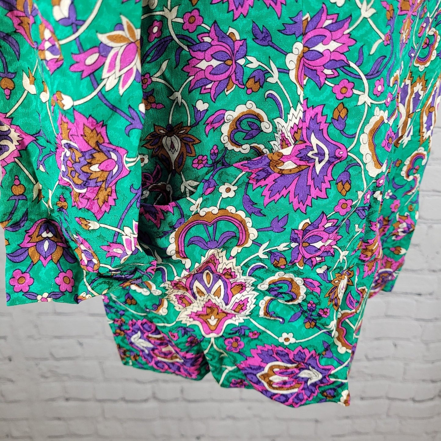 NWT VTG Richard Warren Green 100% Silk Floral Gold Button Long Sleeve Blouse 4