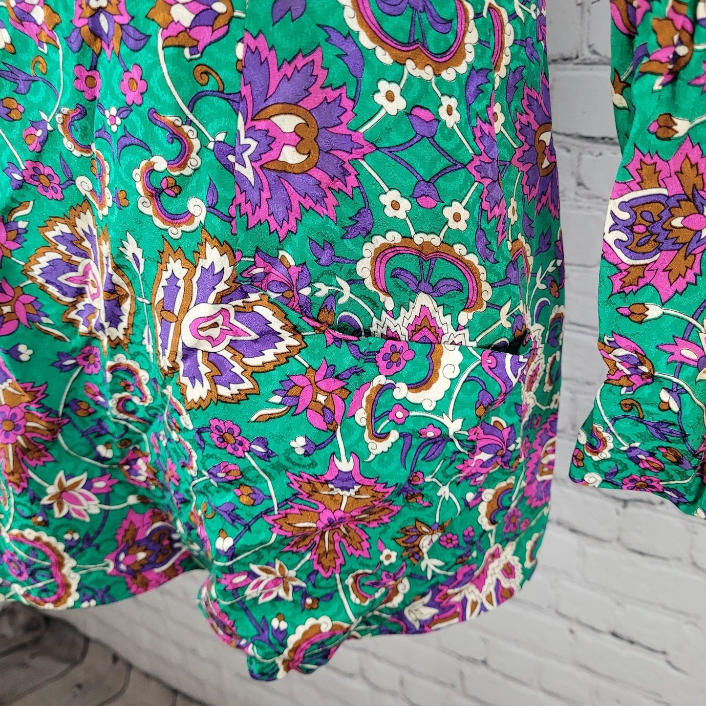 NWT VTG Richard Warren Green 100% Silk Floral Gold Button Long Sleeve Blouse 4