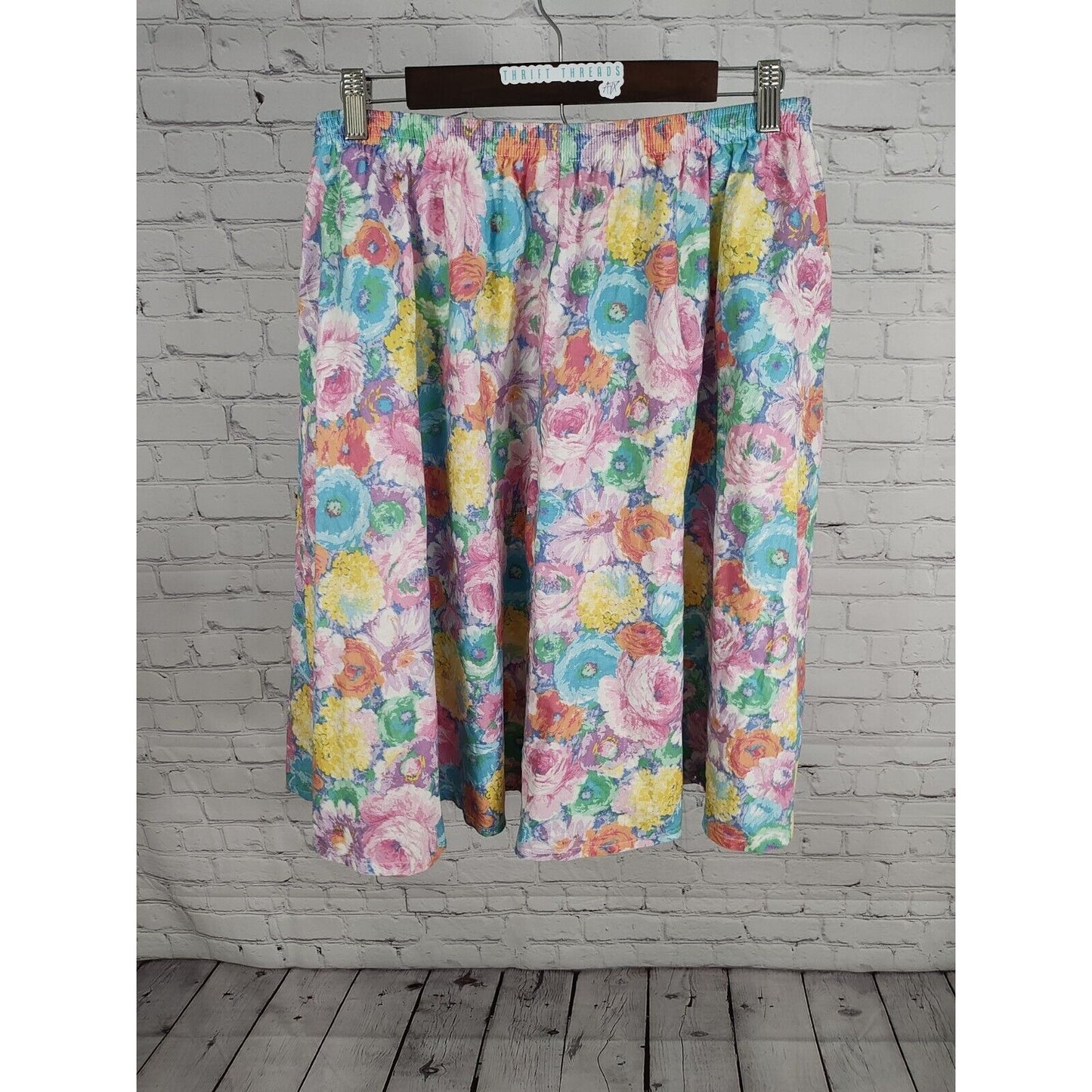 VTG Wardrobe Maker Elastic Waist Knee Length Pastel Floral A Line Skirt Size 16P