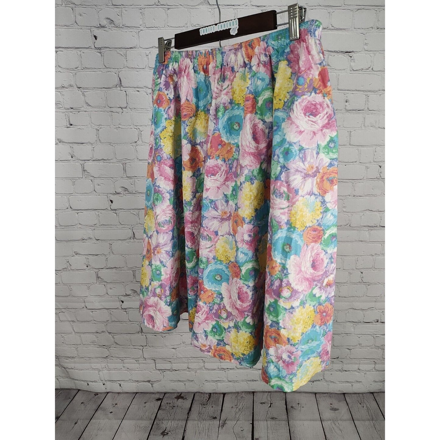 VTG Wardrobe Maker Elastic Waist Knee Length Pastel Floral A Line Skirt Size 16P