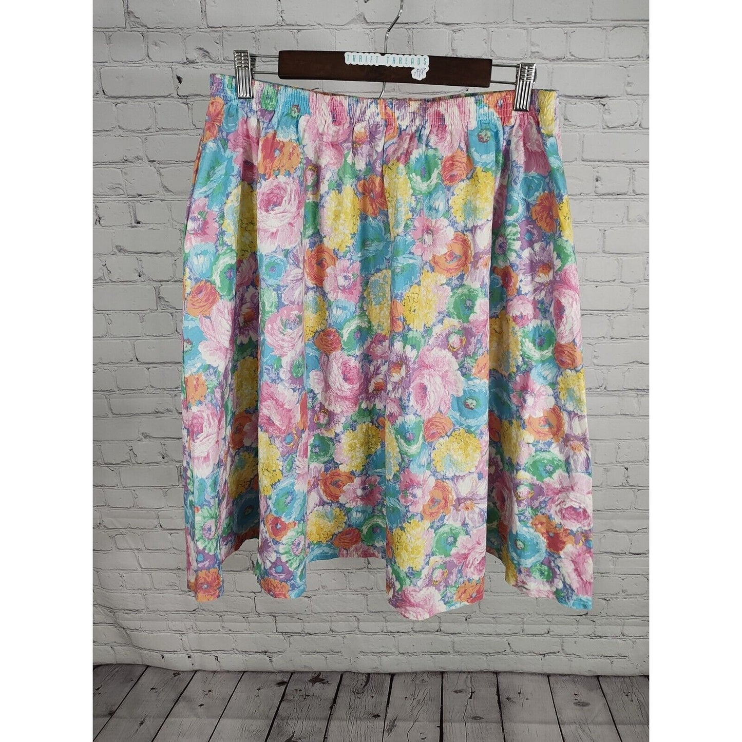 VTG Wardrobe Maker Elastic Waist Knee Length Pastel Floral A Line Skirt Size 16P