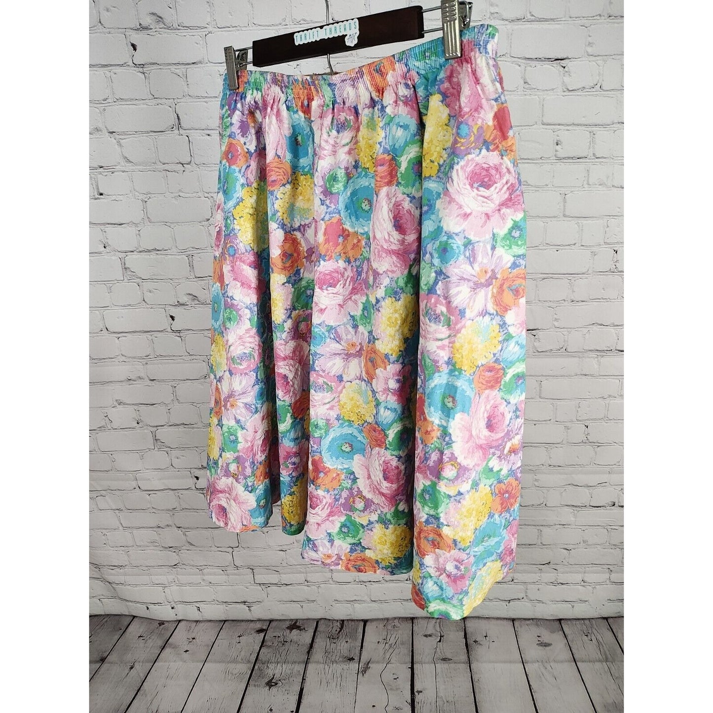 VTG Wardrobe Maker Elastic Waist Knee Length Pastel Floral A Line Skirt Size 16P