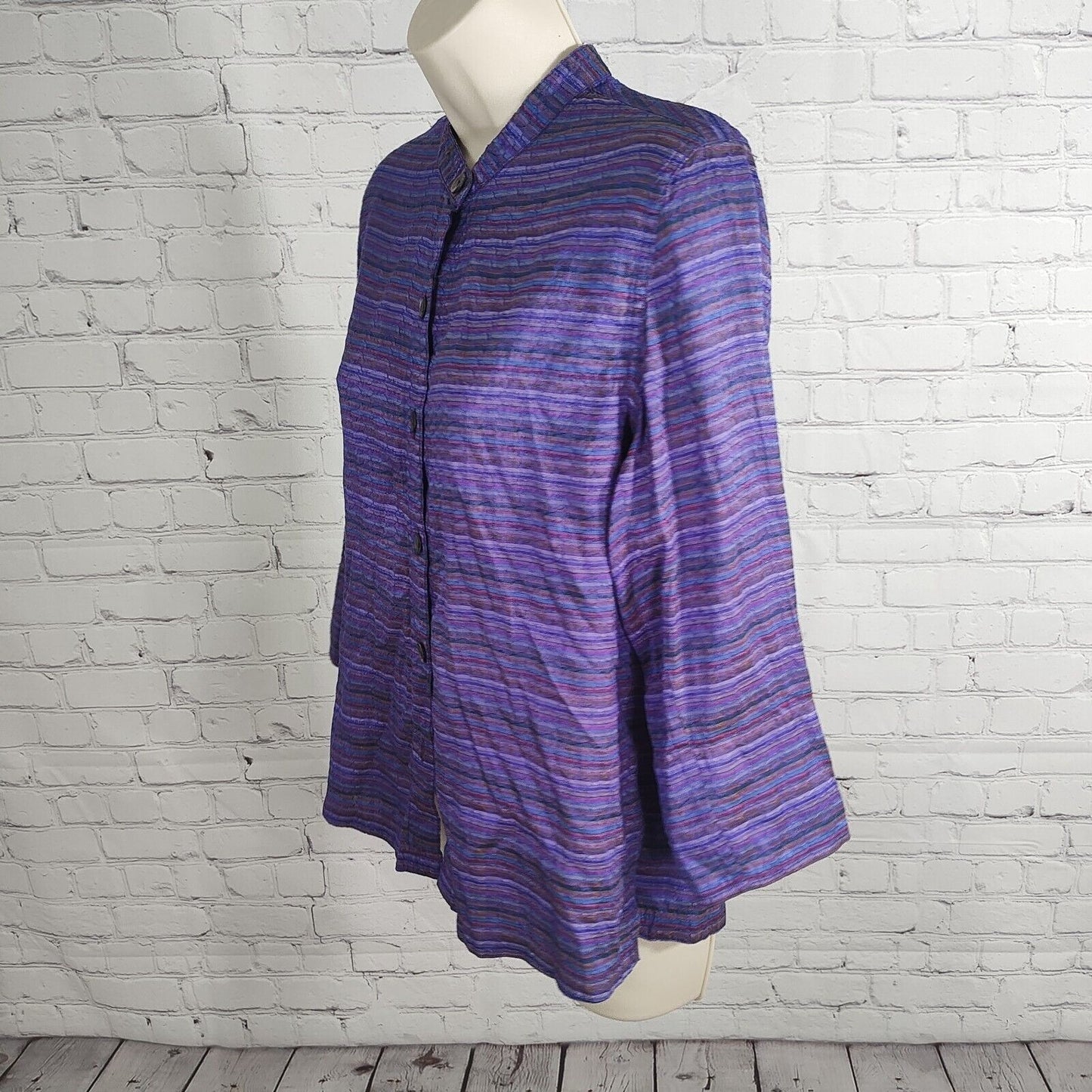 Coldwater Creek 100% Silk Colorful Stripes Long Sleeve Button Up Size Medium