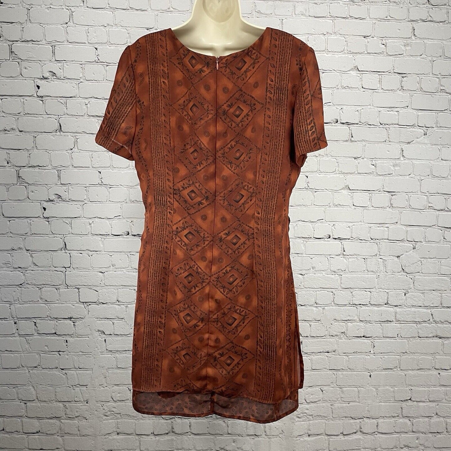 VTG R.J. & Co. Dark Orange Flowy Lined Geometric Zip Dress Made In USA Size 14