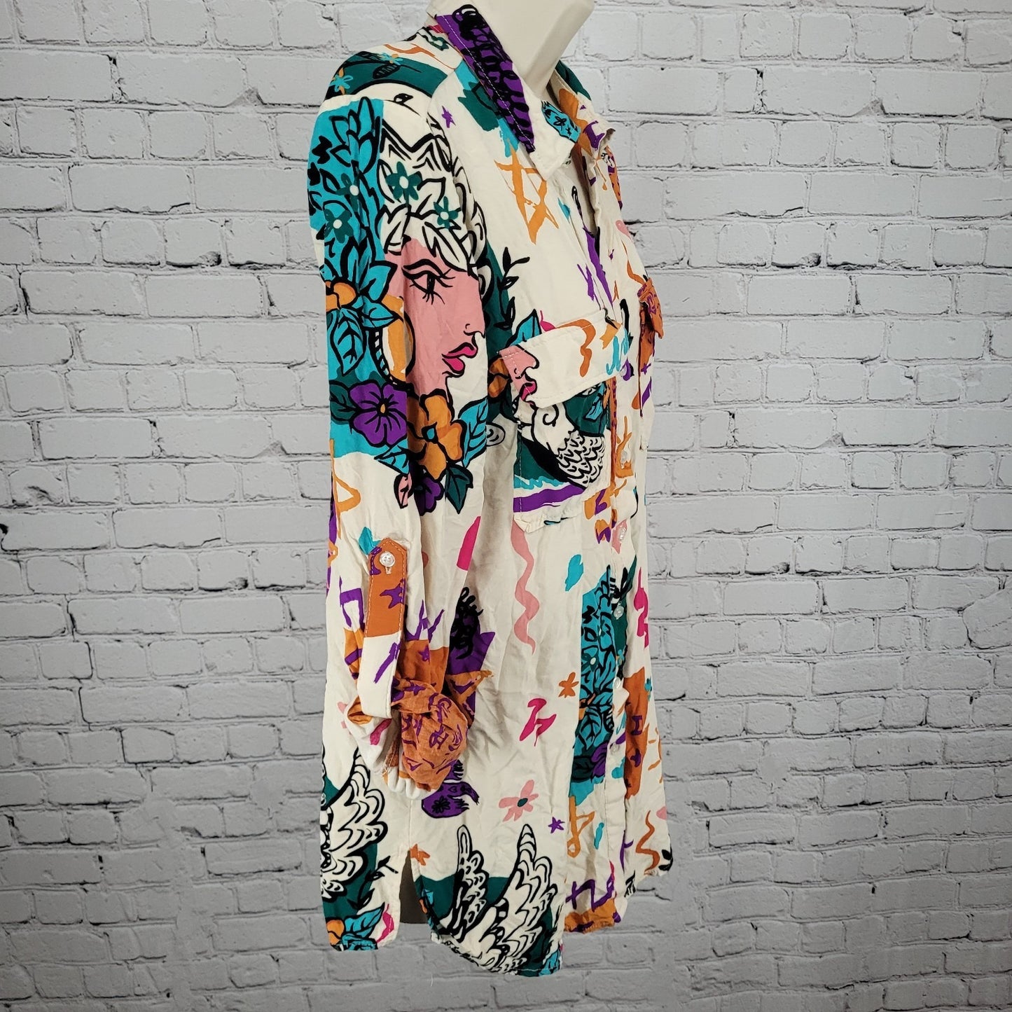 Milk & Honey Beige Multicolor Abstract Button Up Roll Tab Sleeve Shirt Medium M