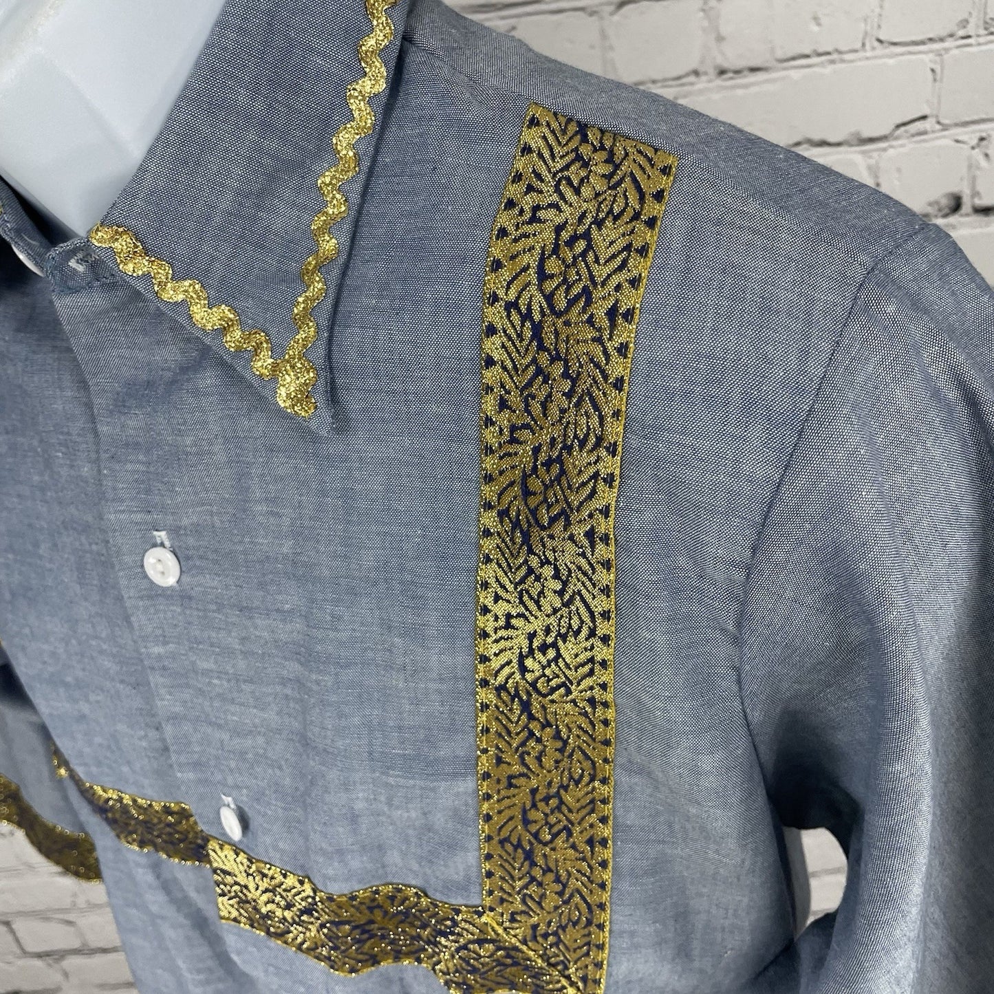 VTG JCPenney Blue Big Mac Gold Accents Button Up Short Sleeve Shirt Size Small S