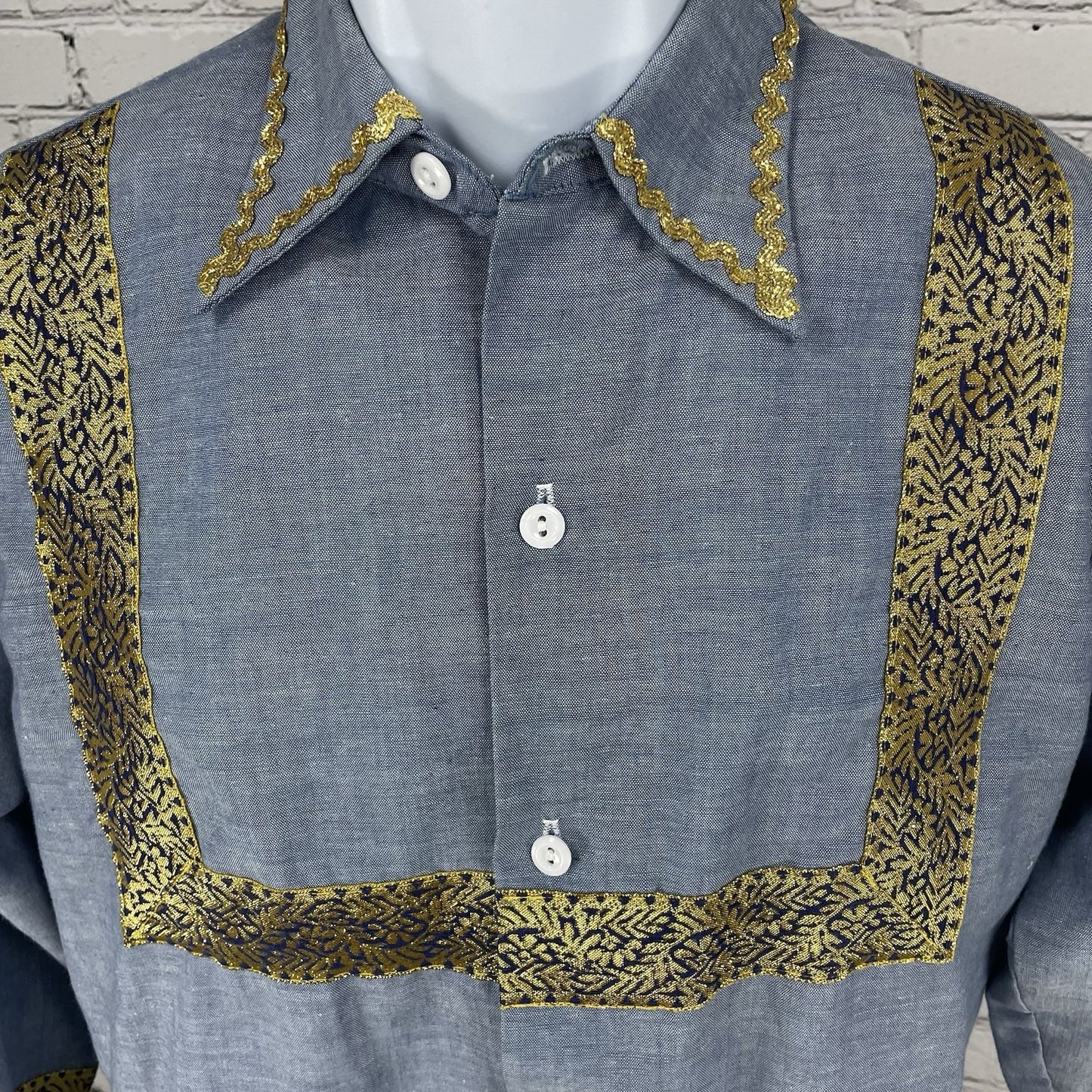 VTG JCPenney Blue Big Mac Gold Accents Button Up Short Sleeve Shirt Size Small S