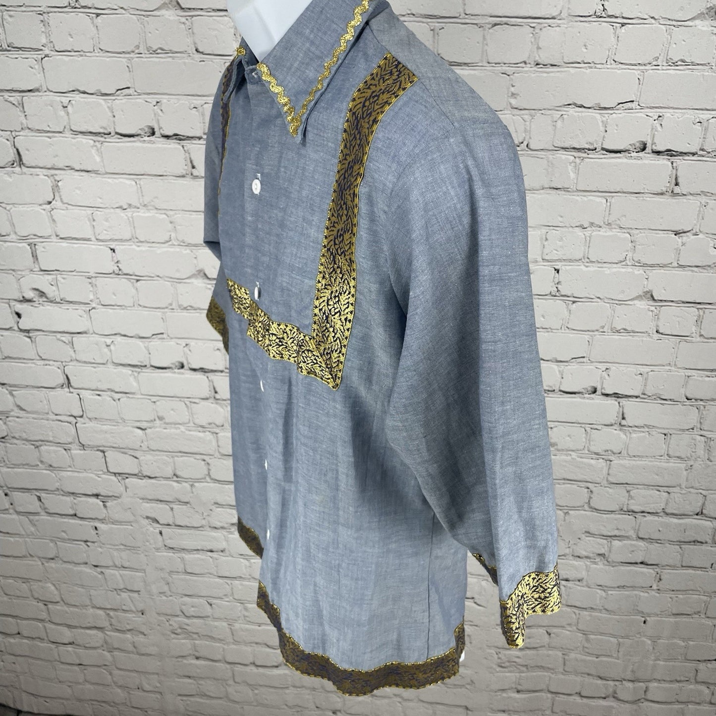 VTG JCPenney Blue Big Mac Gold Accents Button Up Short Sleeve Shirt Size Small S