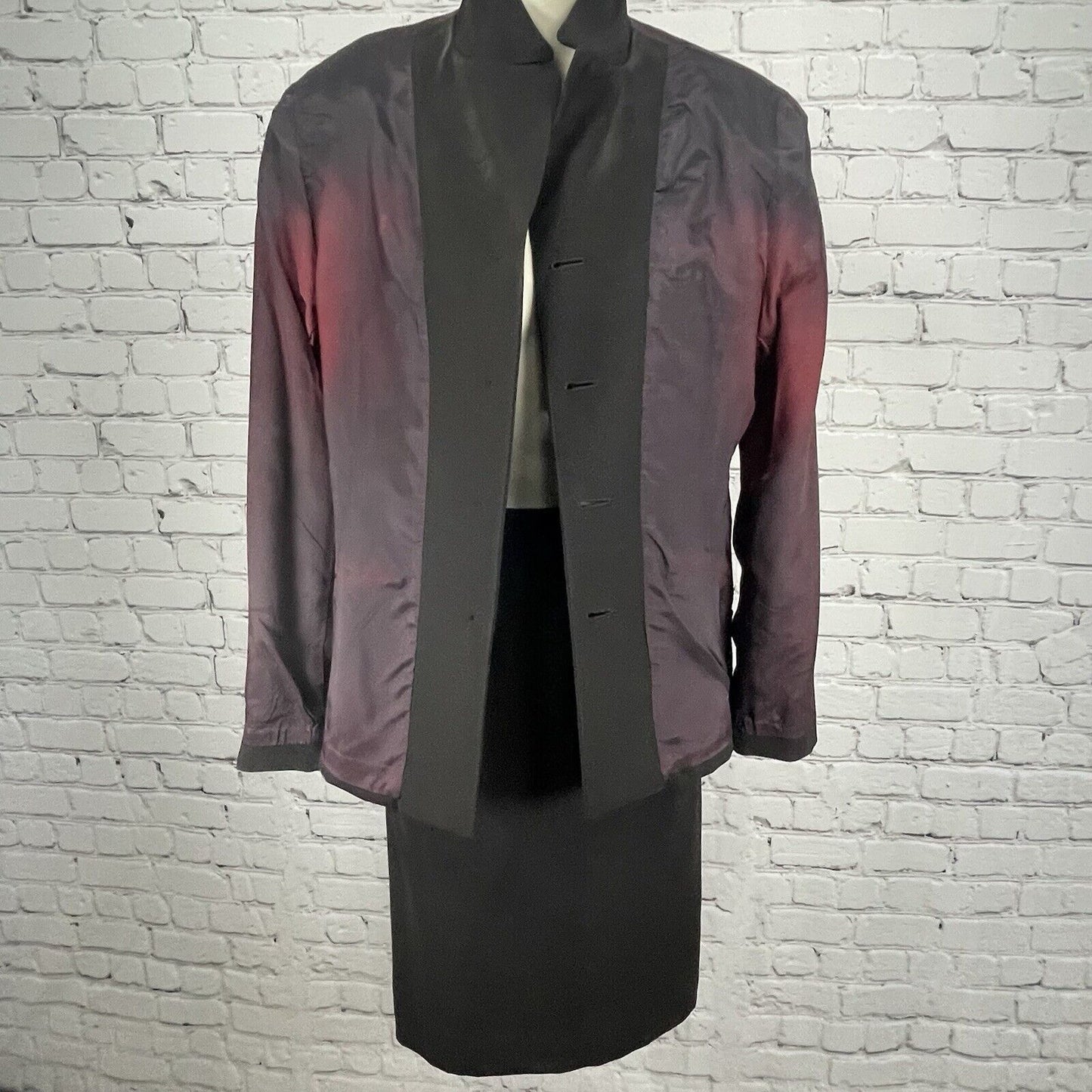 Tahari Black Skirt Suit Set Single Breasted 4 Button Velvet Accent Size 10
