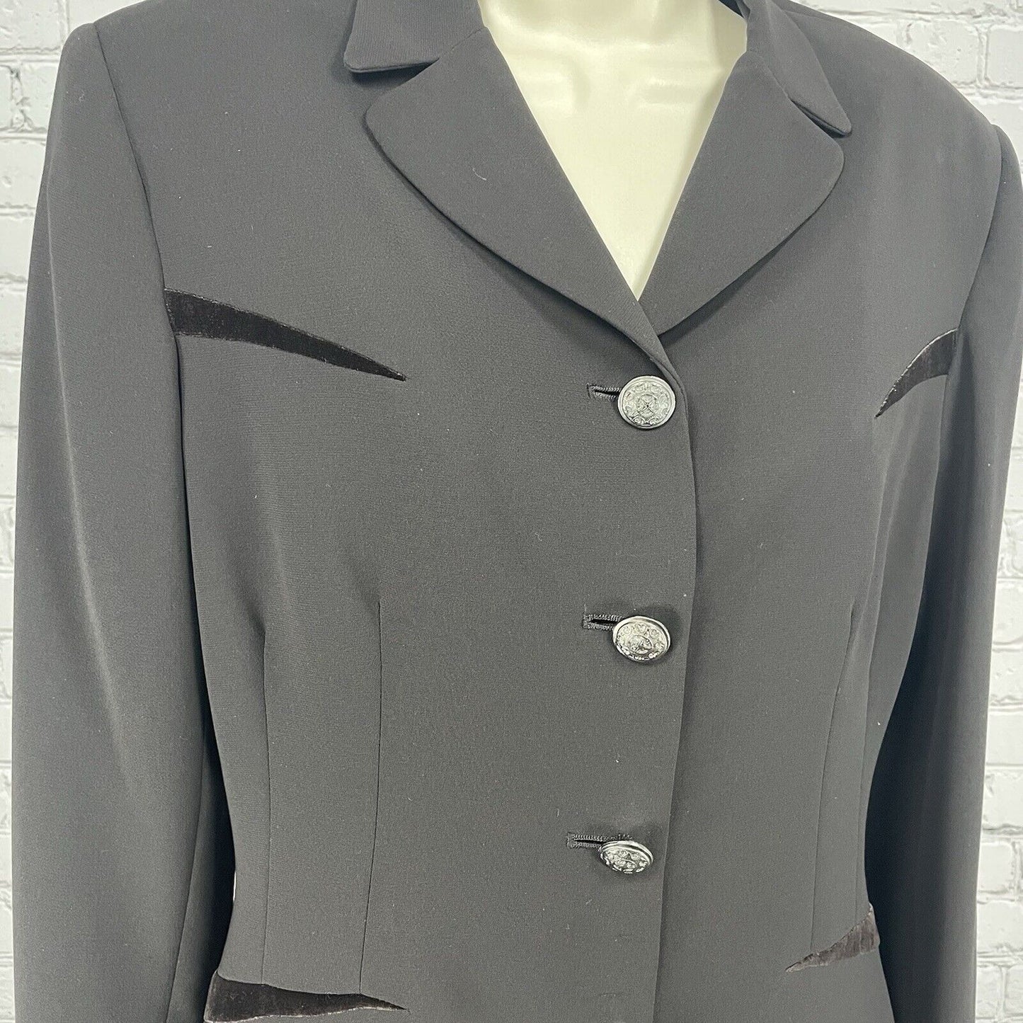 Tahari Black Skirt Suit Set Single Breasted 4 Button Velvet Accent Size 10