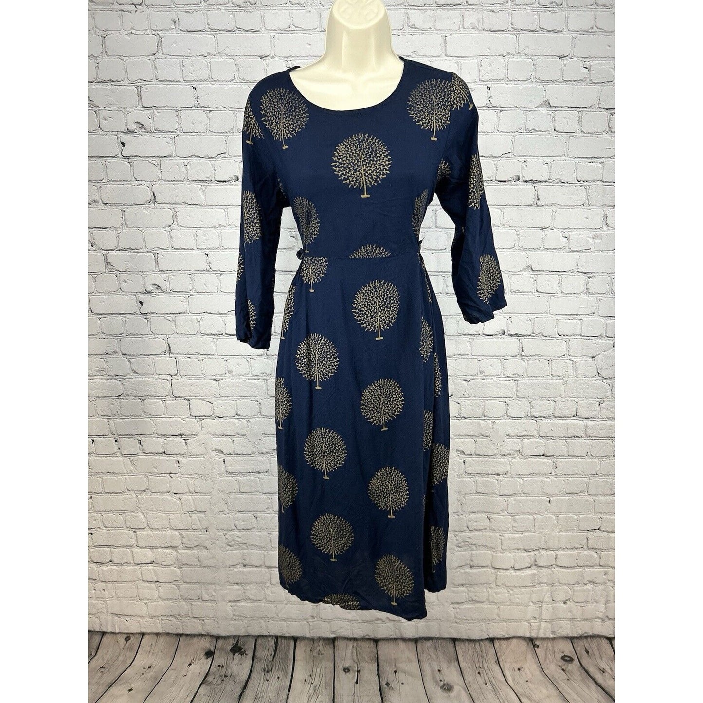 Sassafras Navy Blue Gold Tree Print 3/4 Sleeve Shift Dress Women’s XL