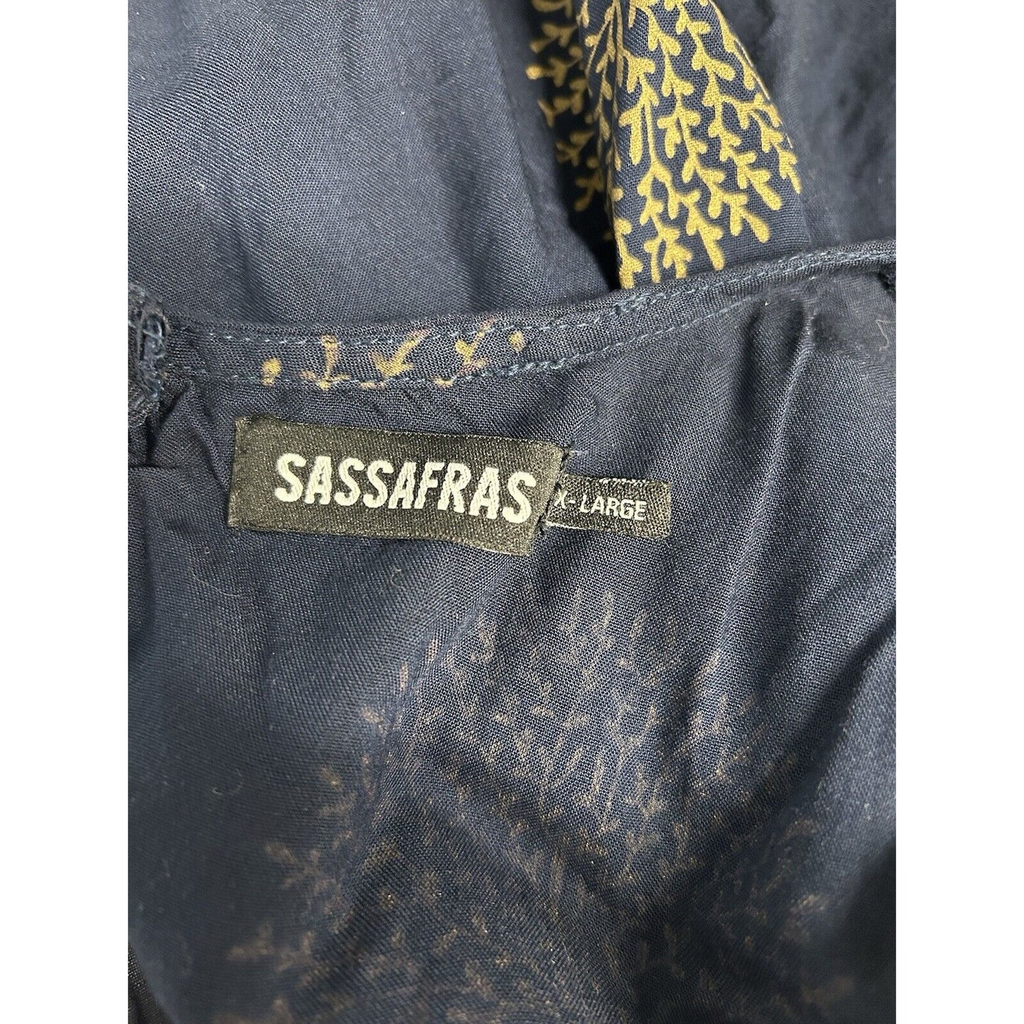 Sassafras Navy Blue Gold Tree Print 3/4 Sleeve Shift Dress Women’s XL