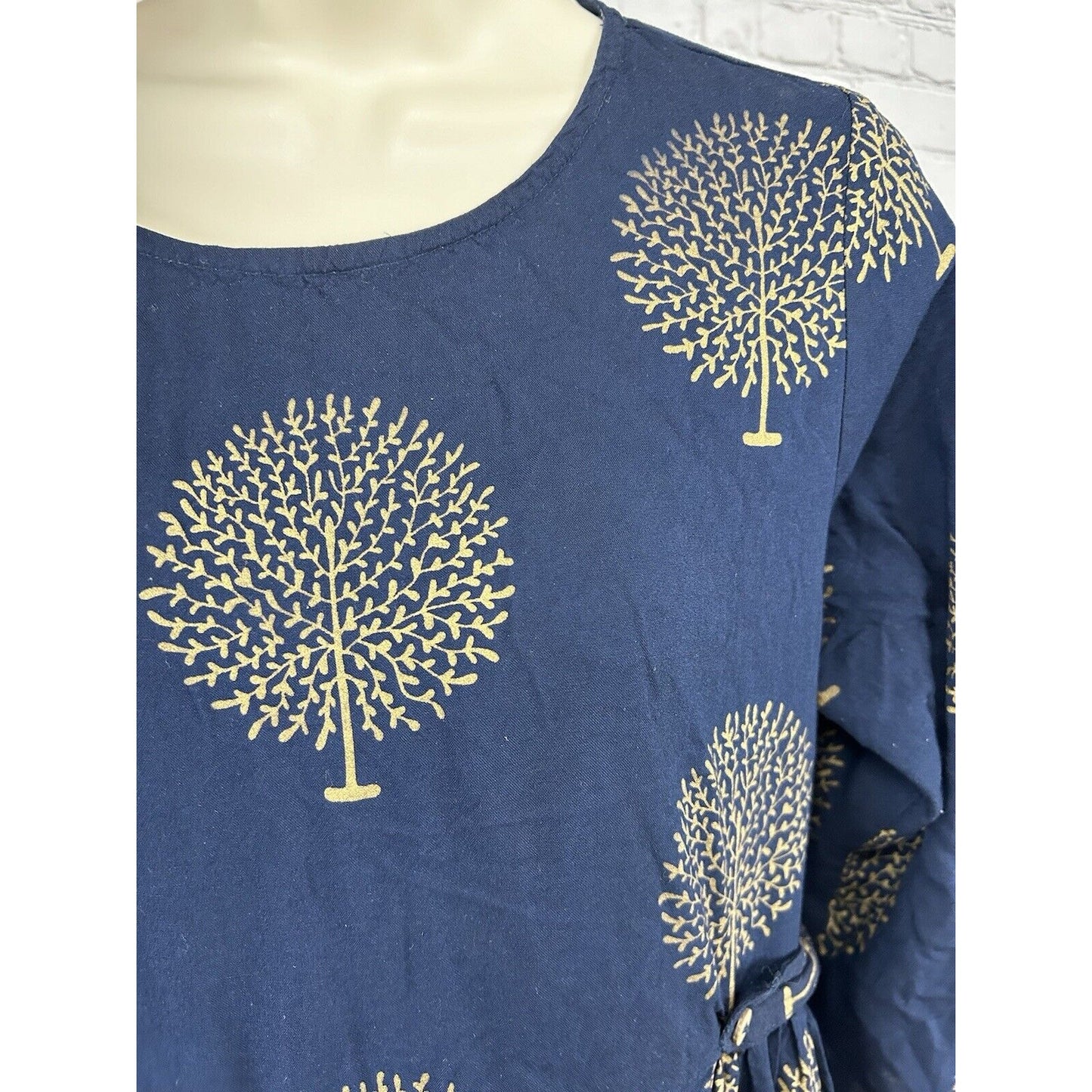 Sassafras Navy Blue Gold Tree Print 3/4 Sleeve Shift Dress Women’s XL