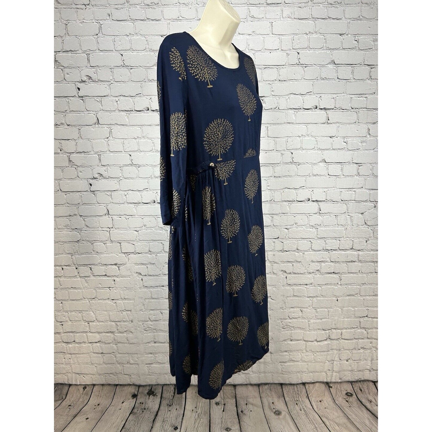 Sassafras Navy Blue Gold Tree Print 3/4 Sleeve Shift Dress Women’s XL