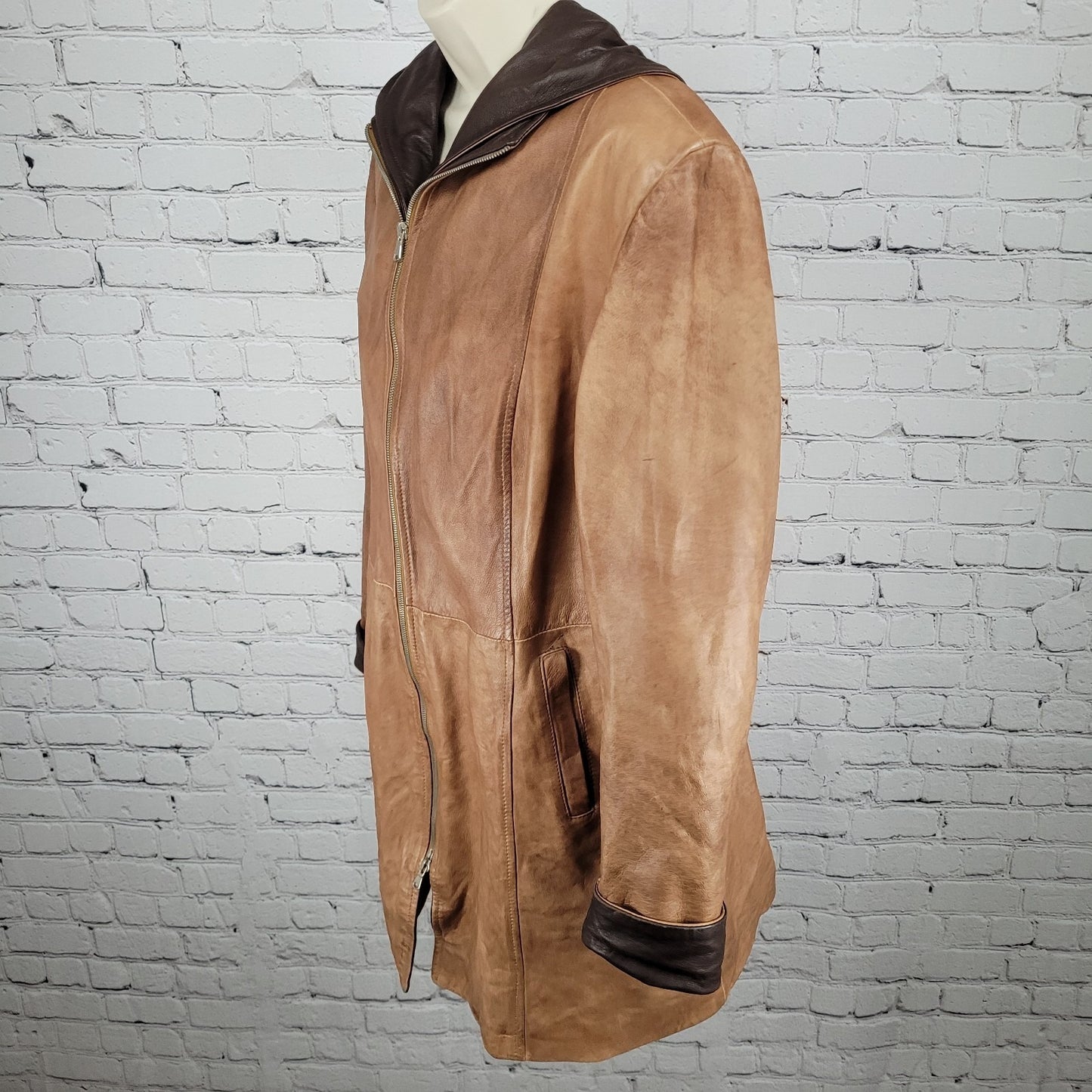 Vera Pelle Brown Soft Leather Removable Hood Zip Jacket Italy Made Size 52