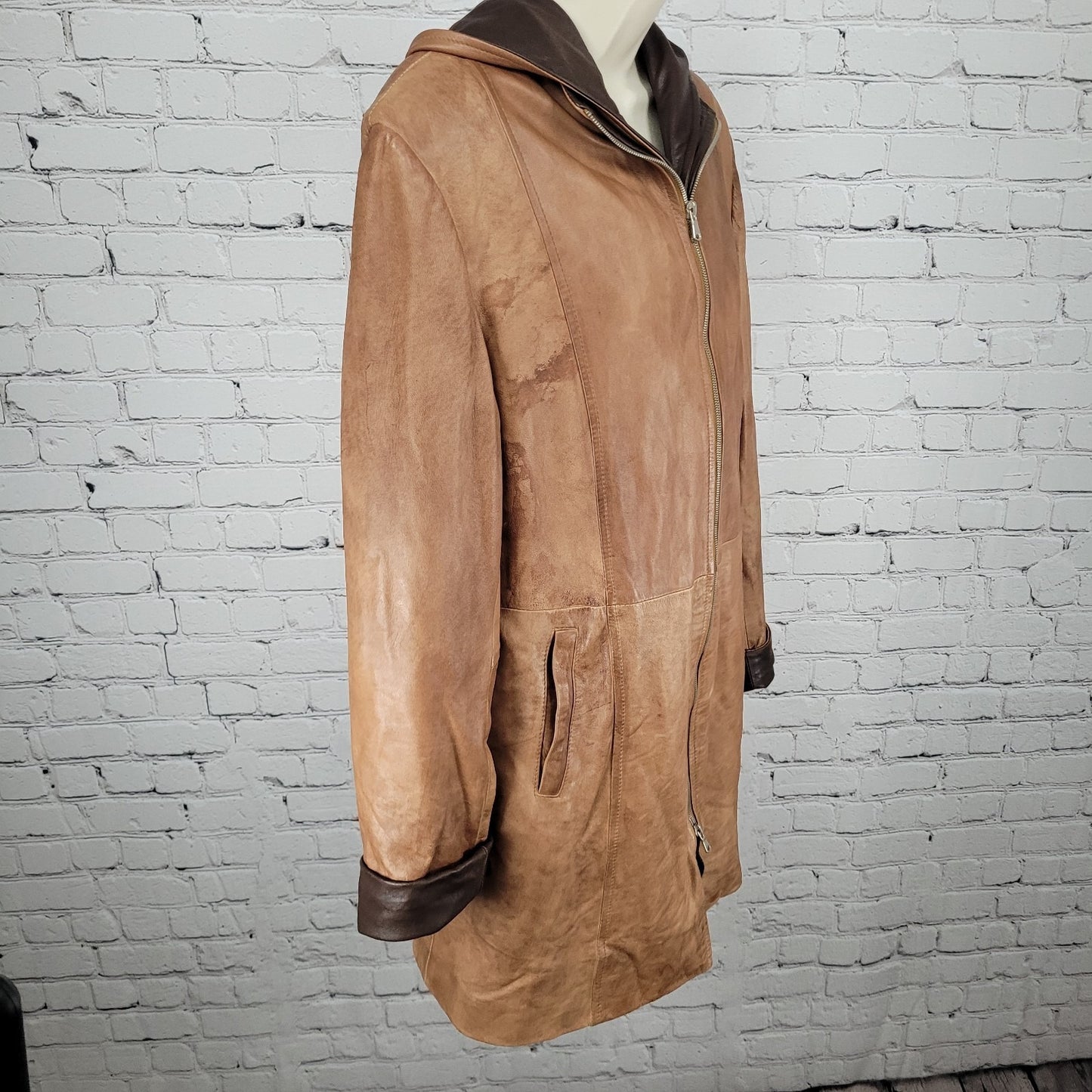 Vera Pelle Brown Soft Leather Removable Hood Zip Jacket Italy Made Size 52