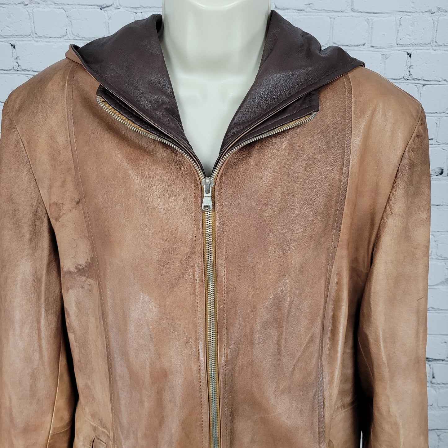 Vera Pelle Brown Soft Leather Removable Hood Zip Jacket Italy Made Size 52