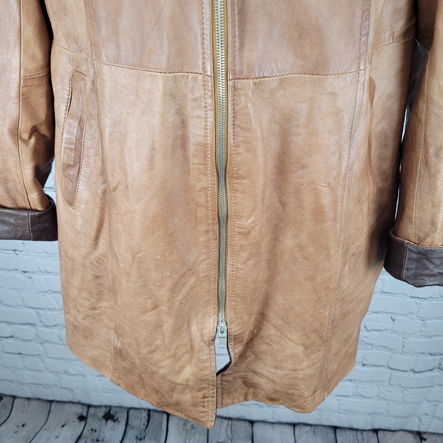 Vera Pelle Brown Soft Leather Removable Hood Zip Jacket Italy Made Size 52