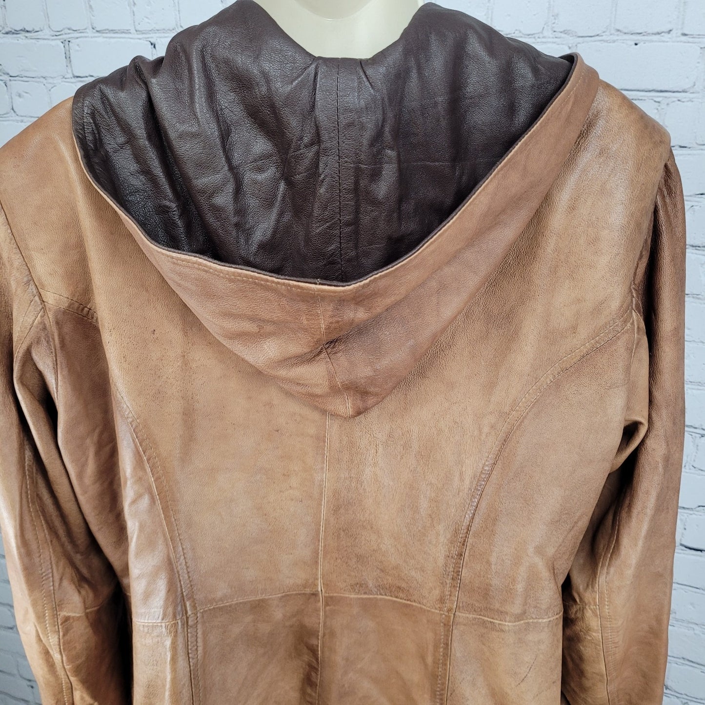 Vera Pelle Brown Soft Leather Removable Hood Zip Jacket Italy Made Size 52