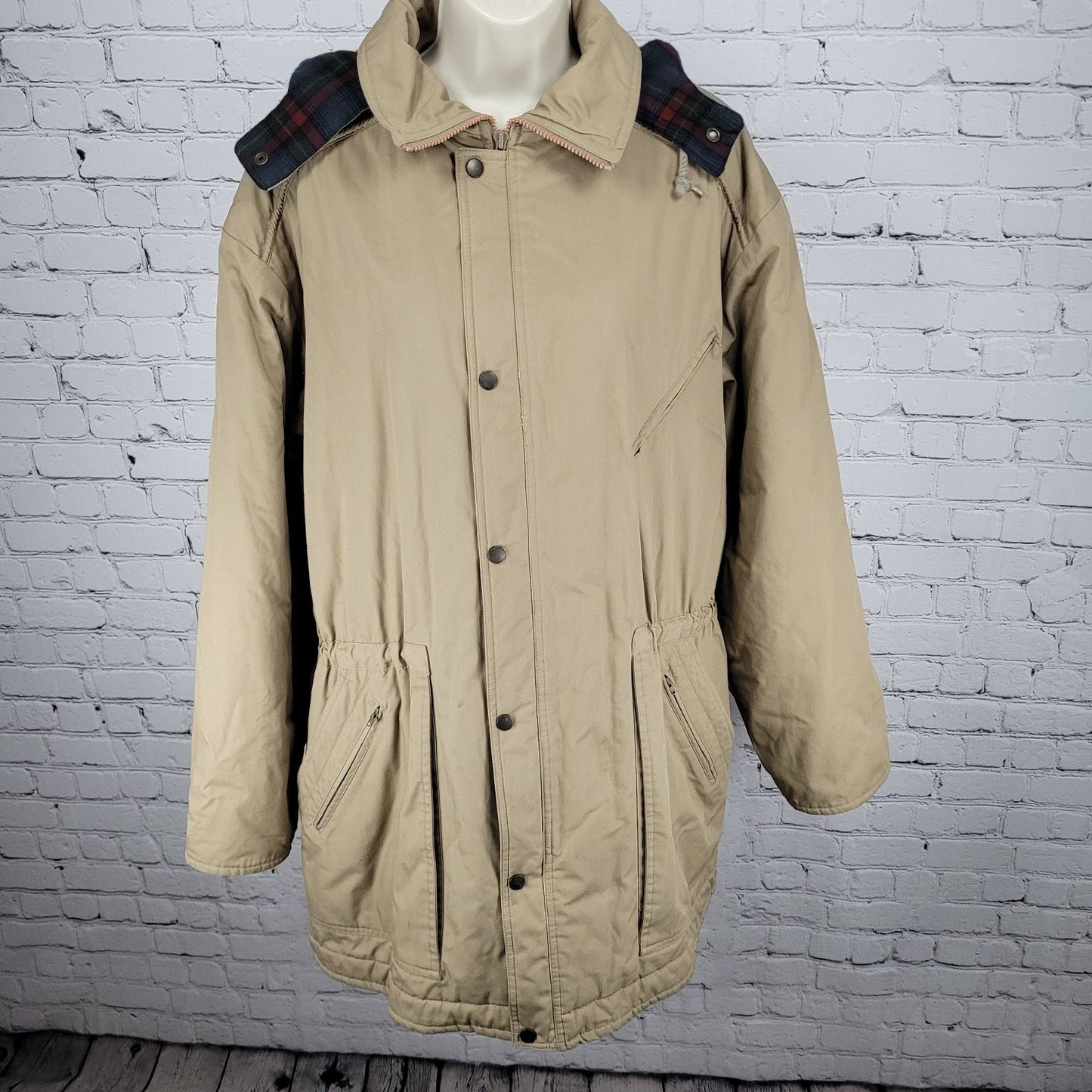 London Fog Towne Tan Removable Hood Plaid Lined Full Zip Coat Size Large L