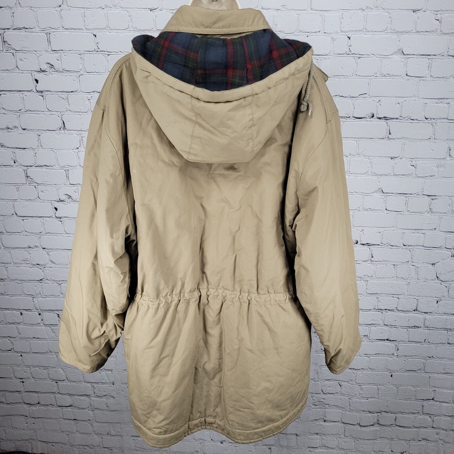 London Fog Towne Tan Removable Hood Plaid Lined Full Zip Coat Size Large L