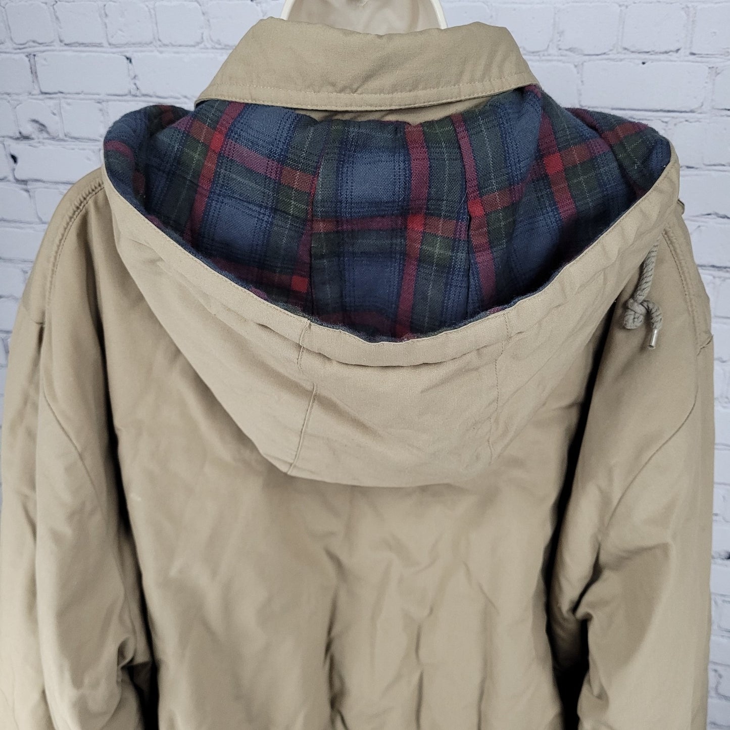 London Fog Towne Tan Removable Hood Plaid Lined Full Zip Coat Size Large L