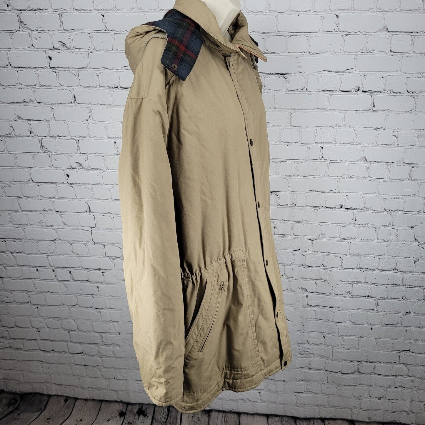 London Fog Towne Tan Removable Hood Plaid Lined Full Zip Coat Size Large L