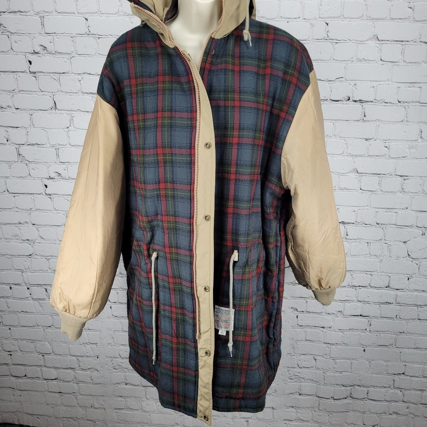 London Fog Towne Tan Removable Hood Plaid Lined Full Zip Coat Size Large L