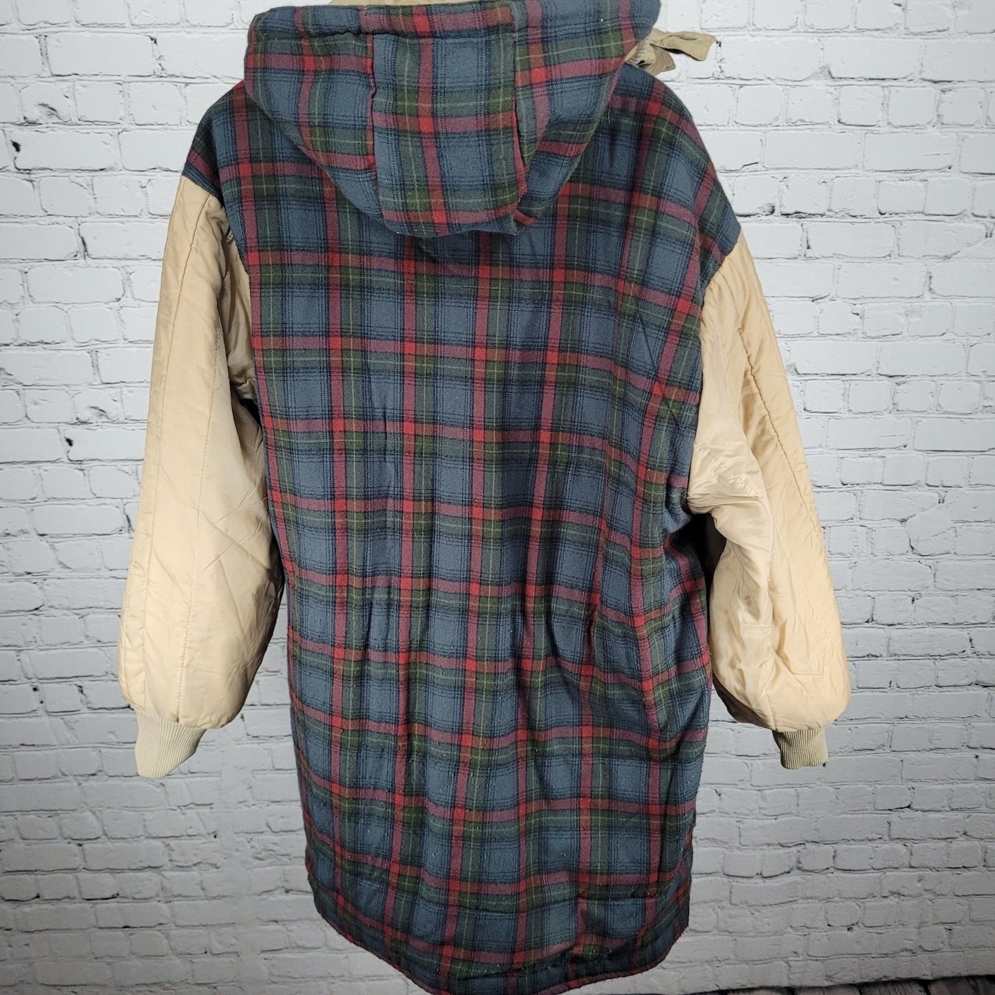London Fog Towne Tan Removable Hood Plaid Lined Full Zip Coat Size Large L