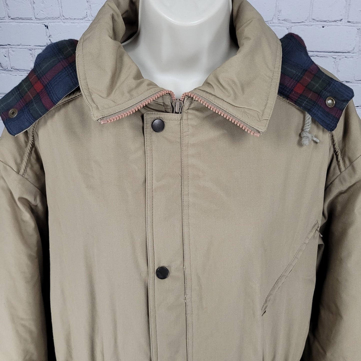 London Fog Towne Tan Removable Hood Plaid Lined Full Zip Coat Size Large L
