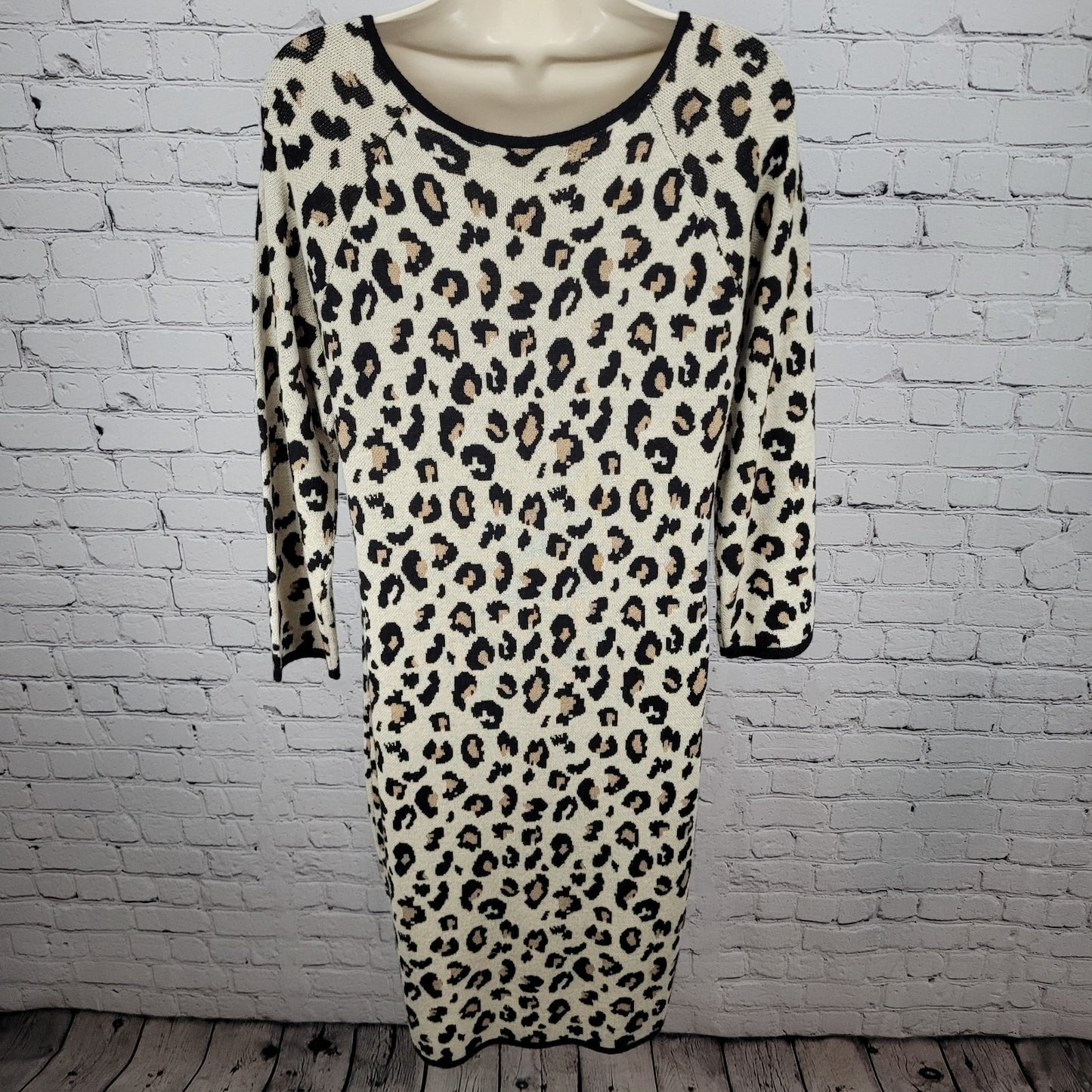 Velvet Beige Leopard Cashmere Blend Knit Long Sleeve Sweater Dress Size Large L