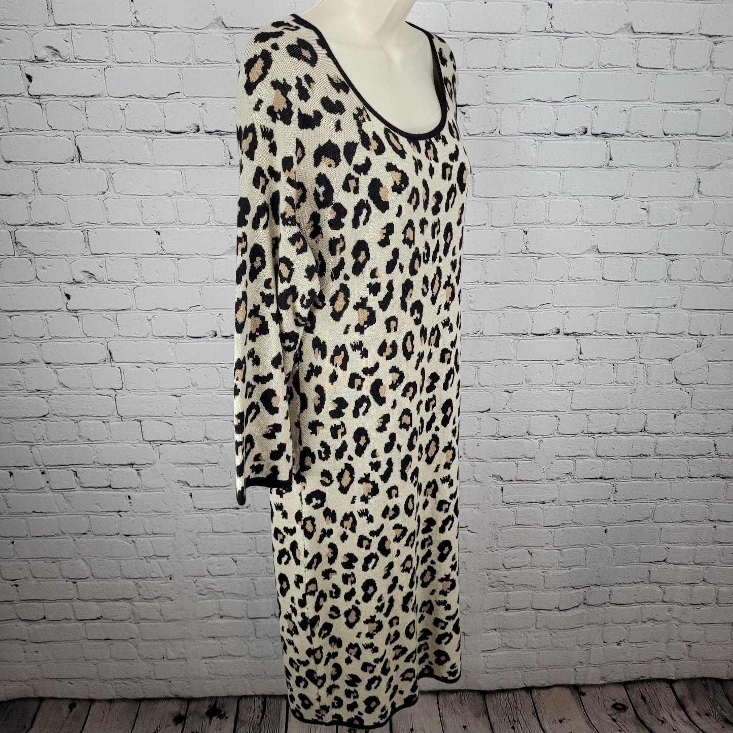 Velvet Beige Leopard Cashmere Blend Knit Long Sleeve Sweater Dress Size Large L