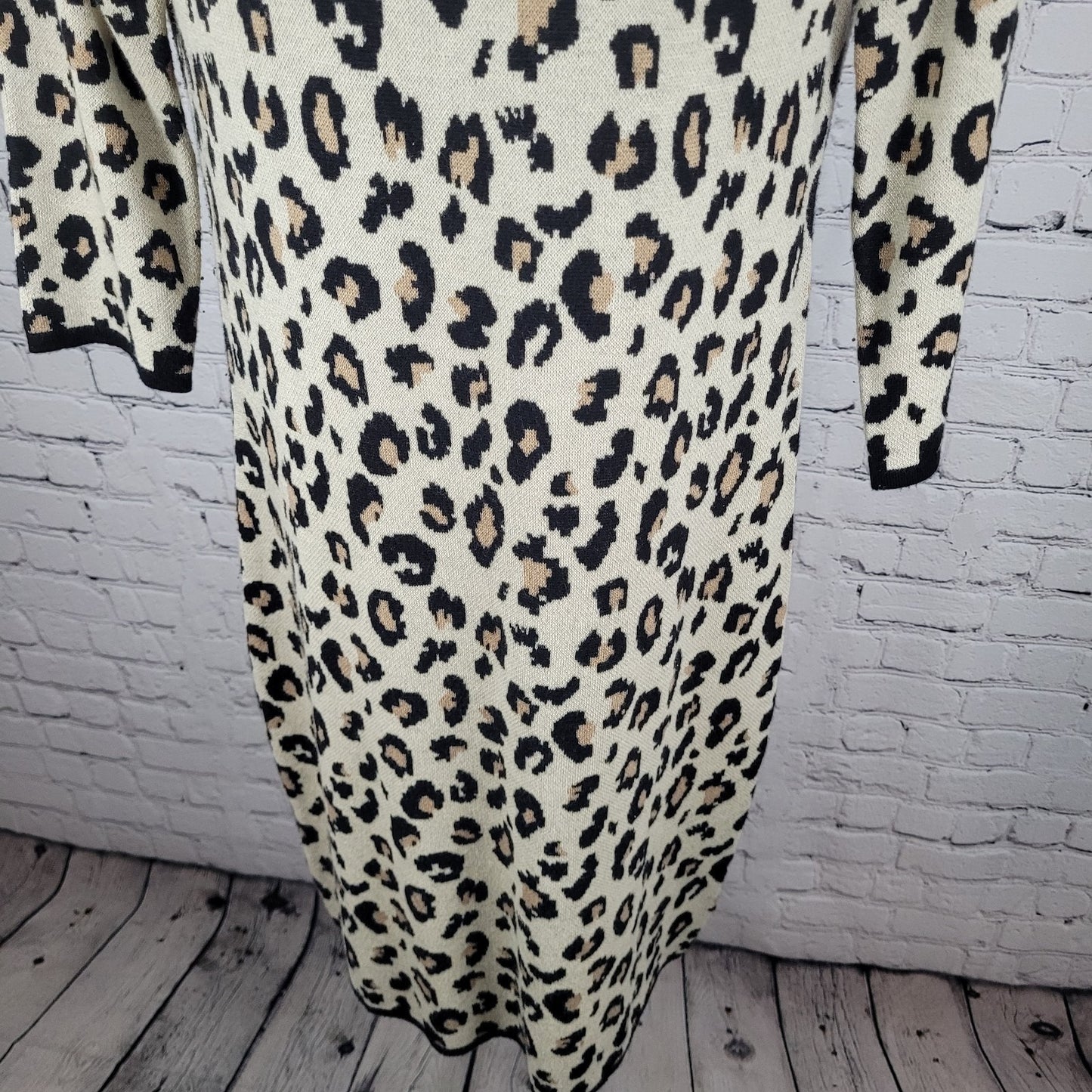 Velvet Beige Leopard Cashmere Blend Knit Long Sleeve Sweater Dress Size Large L