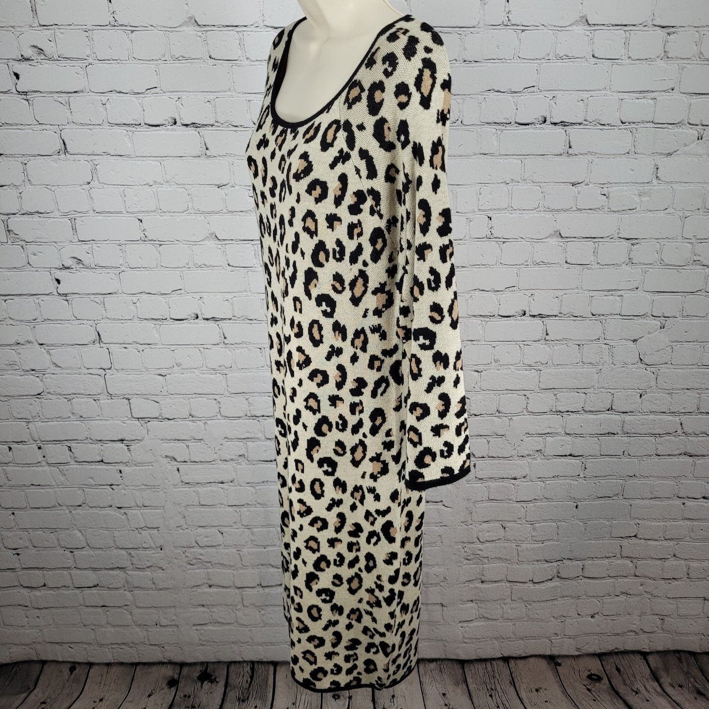 Velvet Beige Leopard Cashmere Blend Knit Long Sleeve Sweater Dress Size Large L