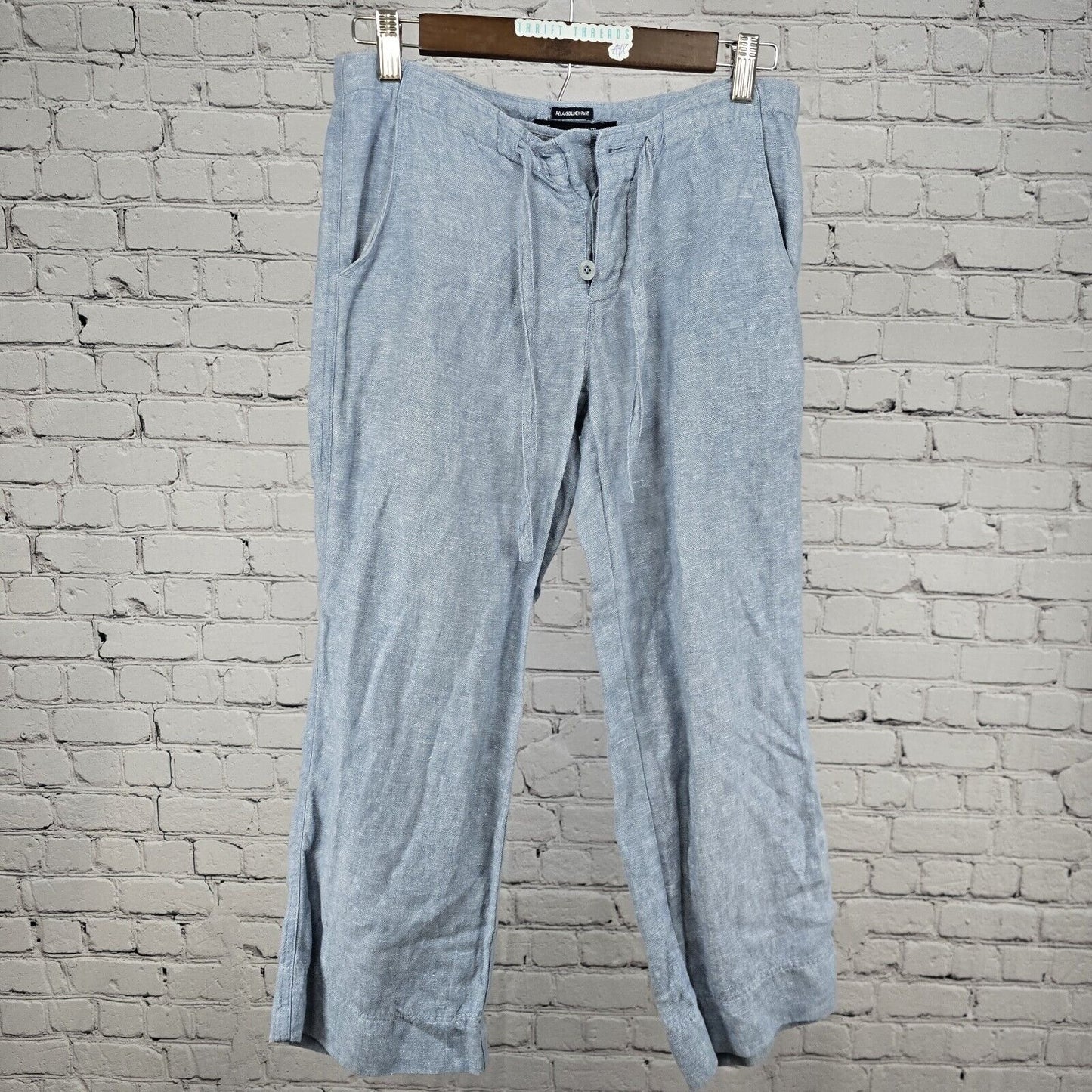 Island Company Relaxed 100% Linen Drawstring Light Blue Button Fly Pants Size XS