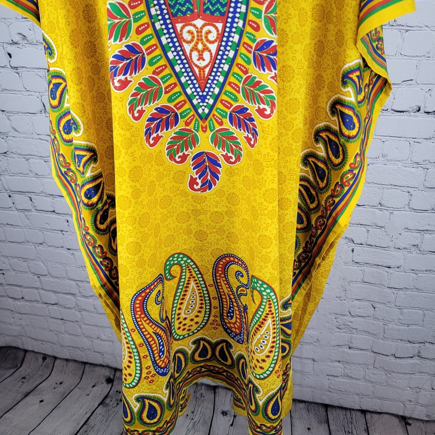 Sante Classics Yellow Floral Glitter Colorful Kaftan India Made Dress O/S