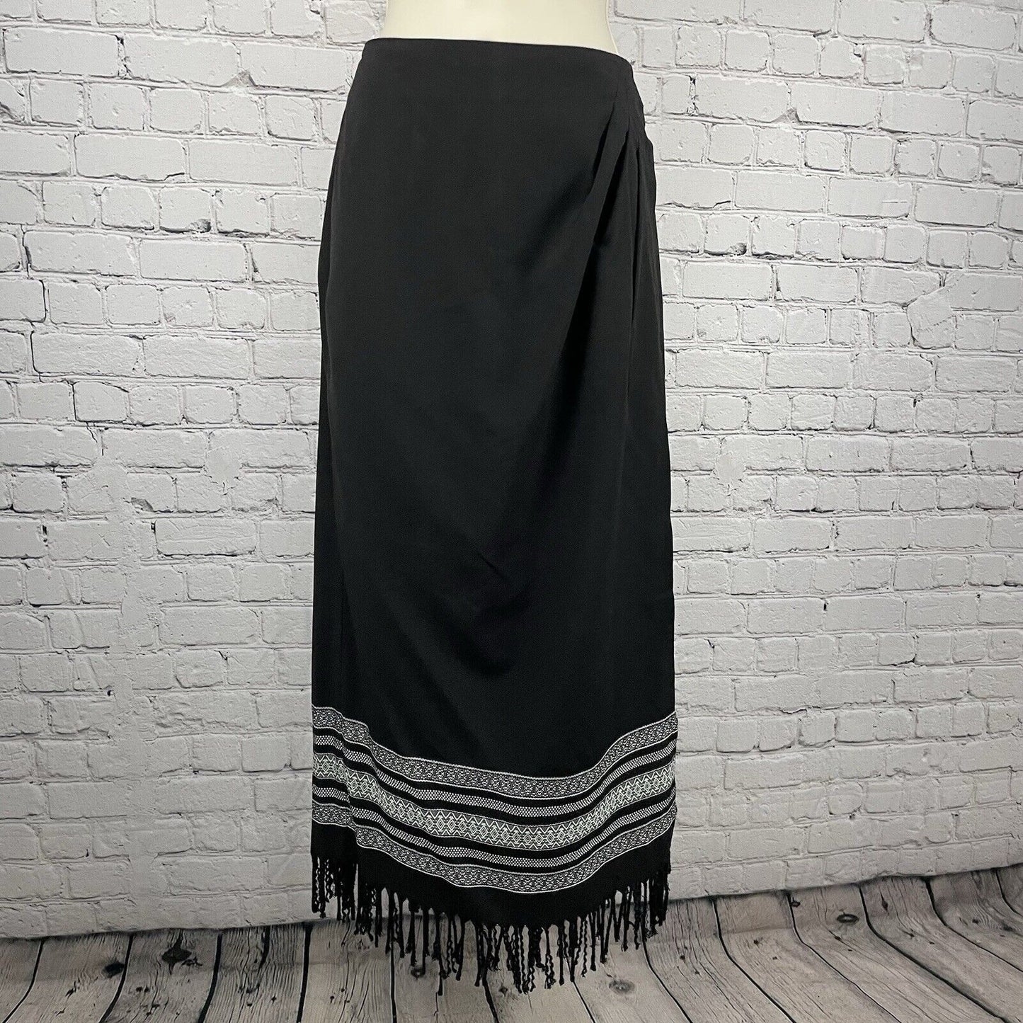 VTG Coldwater Creek Black Wrap Button Maxi Pencil Fringe Skirt USA Made Size 10
