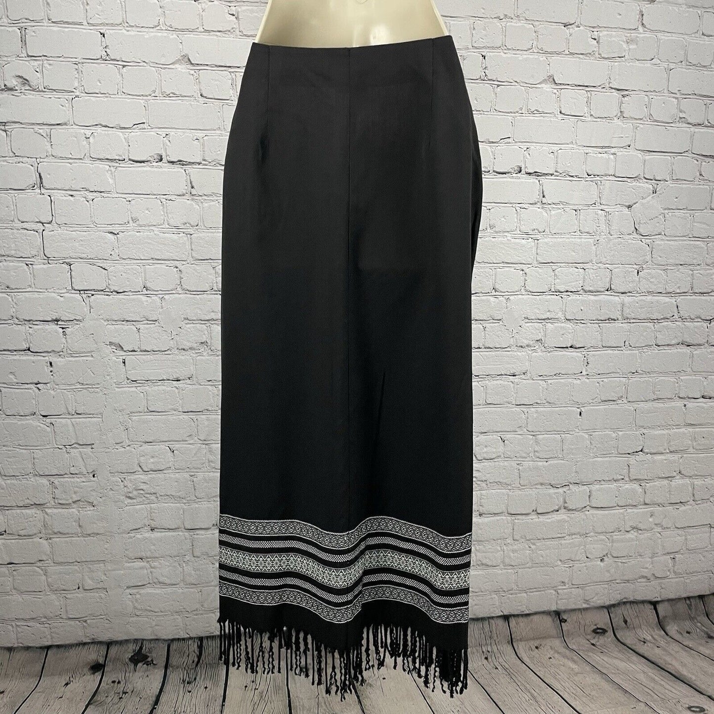 VTG Coldwater Creek Black Wrap Button Maxi Pencil Fringe Skirt USA Made Size 10